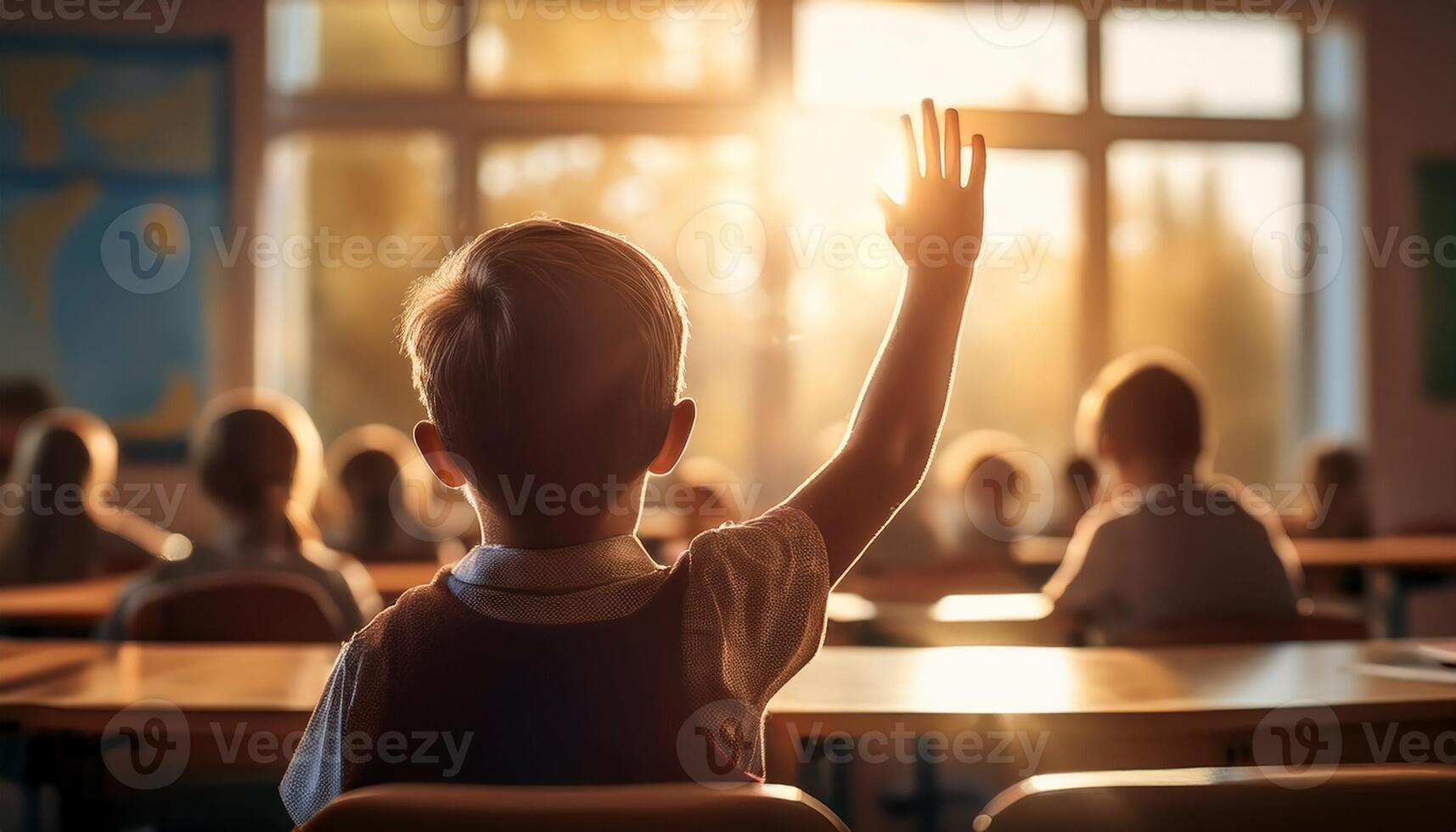 A young student raises his hand in a brightly lit classroom, with sunlight streaming through large windows, eager to participate. photo