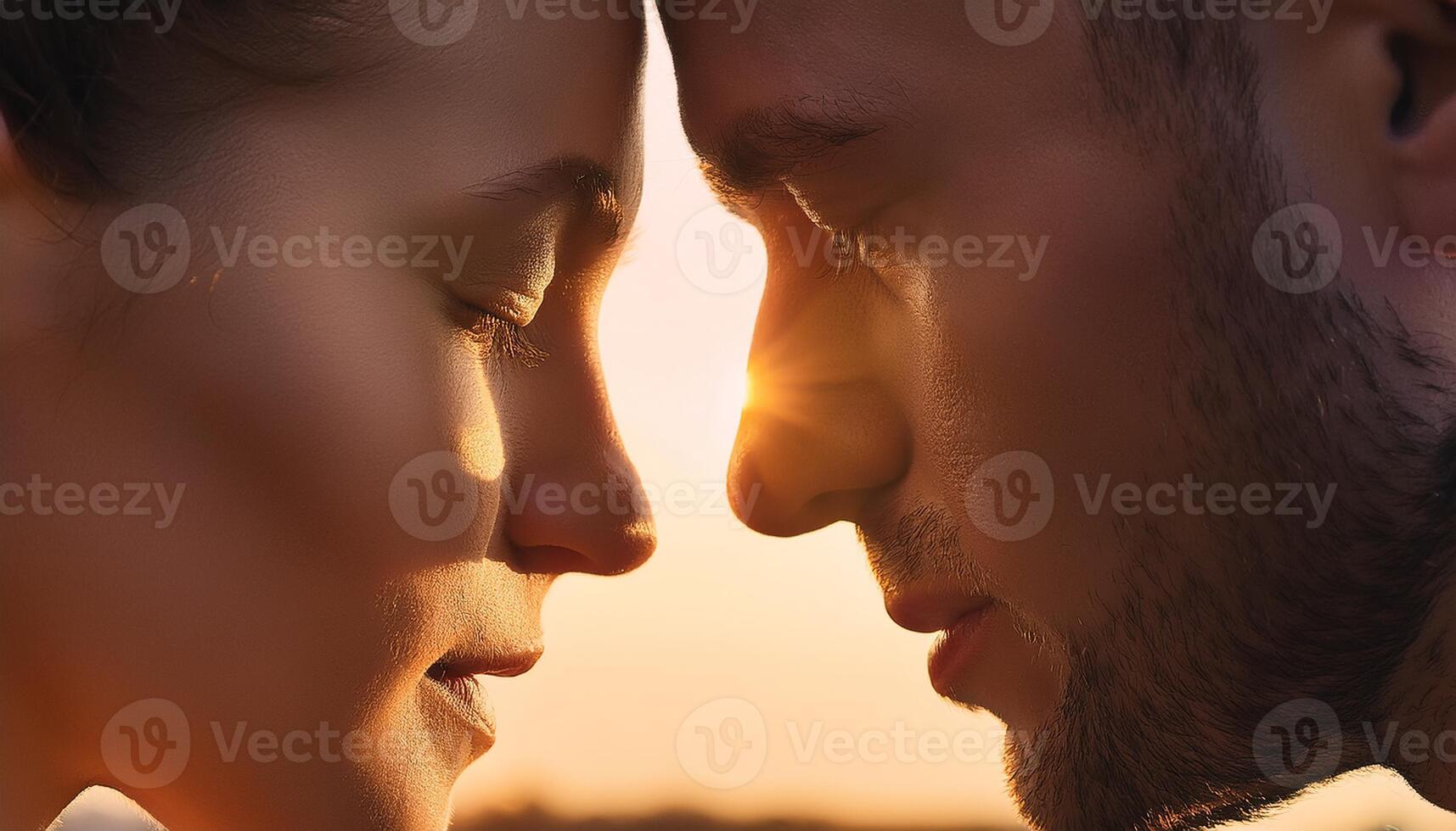 Close-up of a couple touching foreheads with eyes closed, bathed in warm sunset light, expressing love and emotional connection. photo