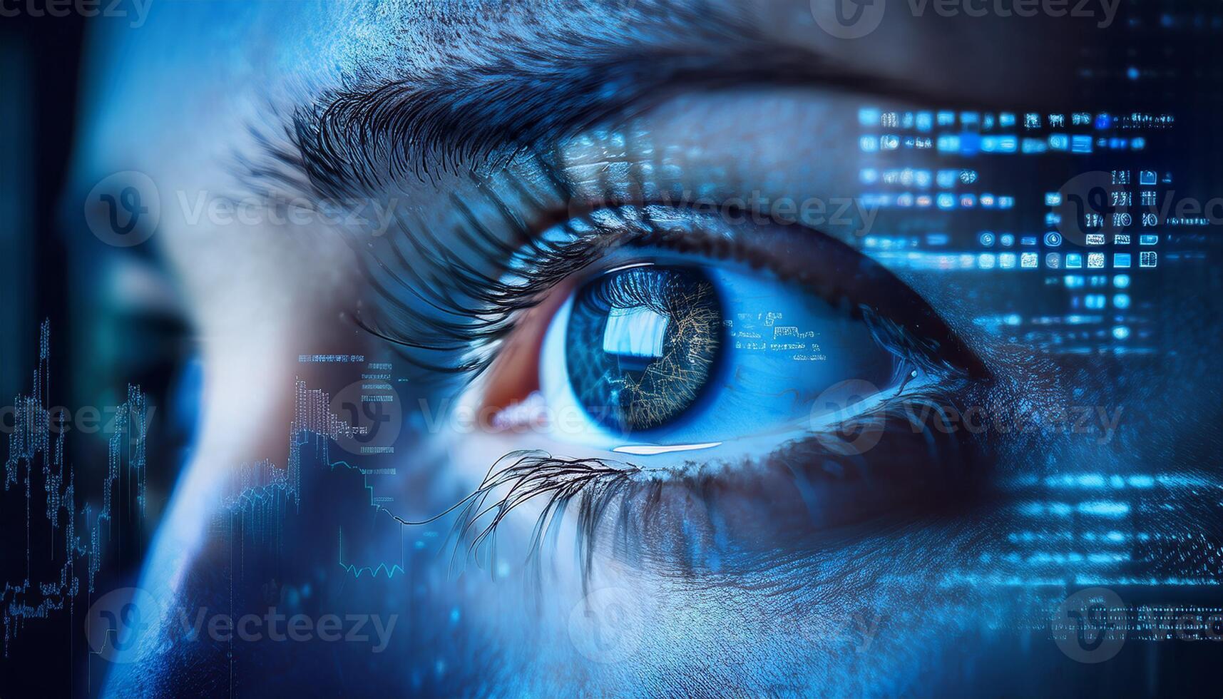 Close-up of a human eye reflecting digital data, symbols, and graphs, representing technology, innovation, and artificial intelligence. photo