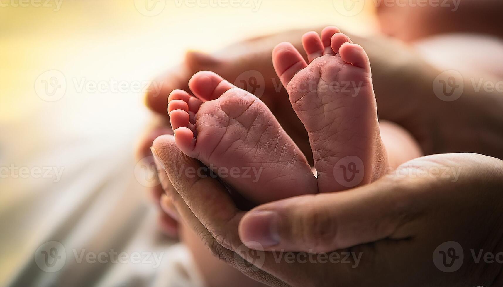 Close-up of a parent hands gently cradling the tiny feet of a newborn baby, symbolizing love, care, and protection. photo