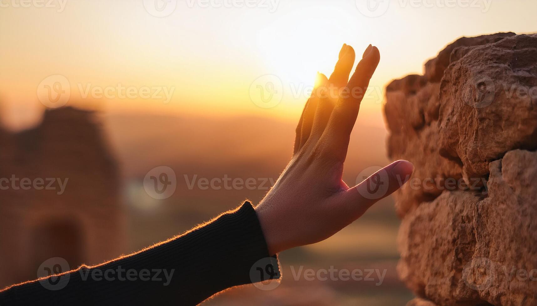 A hand reaching towards the rising sun, capturing a moment of hope and connection with nature in the early morning light. photo