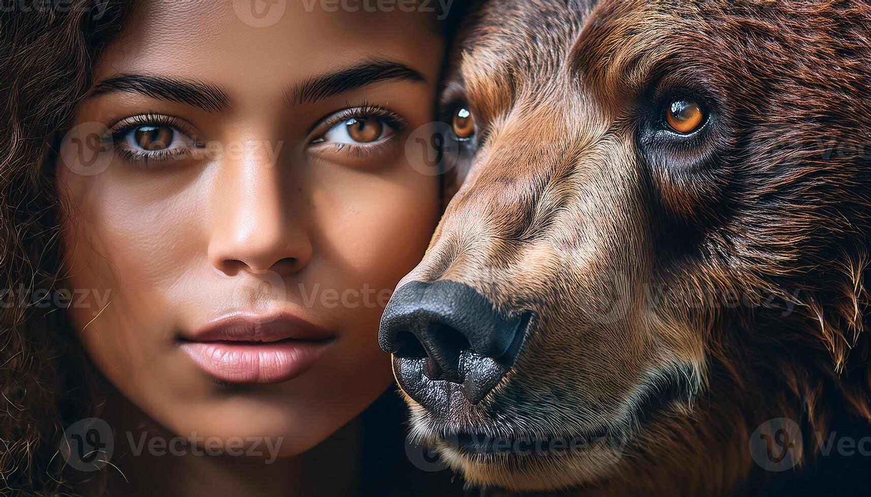 Close-up portrait of a woman and a bear standing side-by-side, highlighting their striking eyes and shared connection in nature. photo