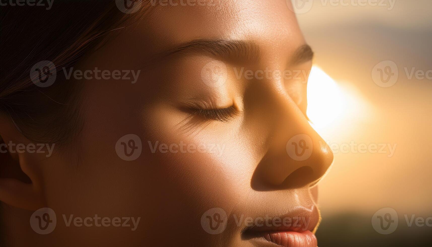 Close-up of a woman's face with eyes closed, basking in warm sunlight, expressing peace, relaxation, and mindfulness. photo