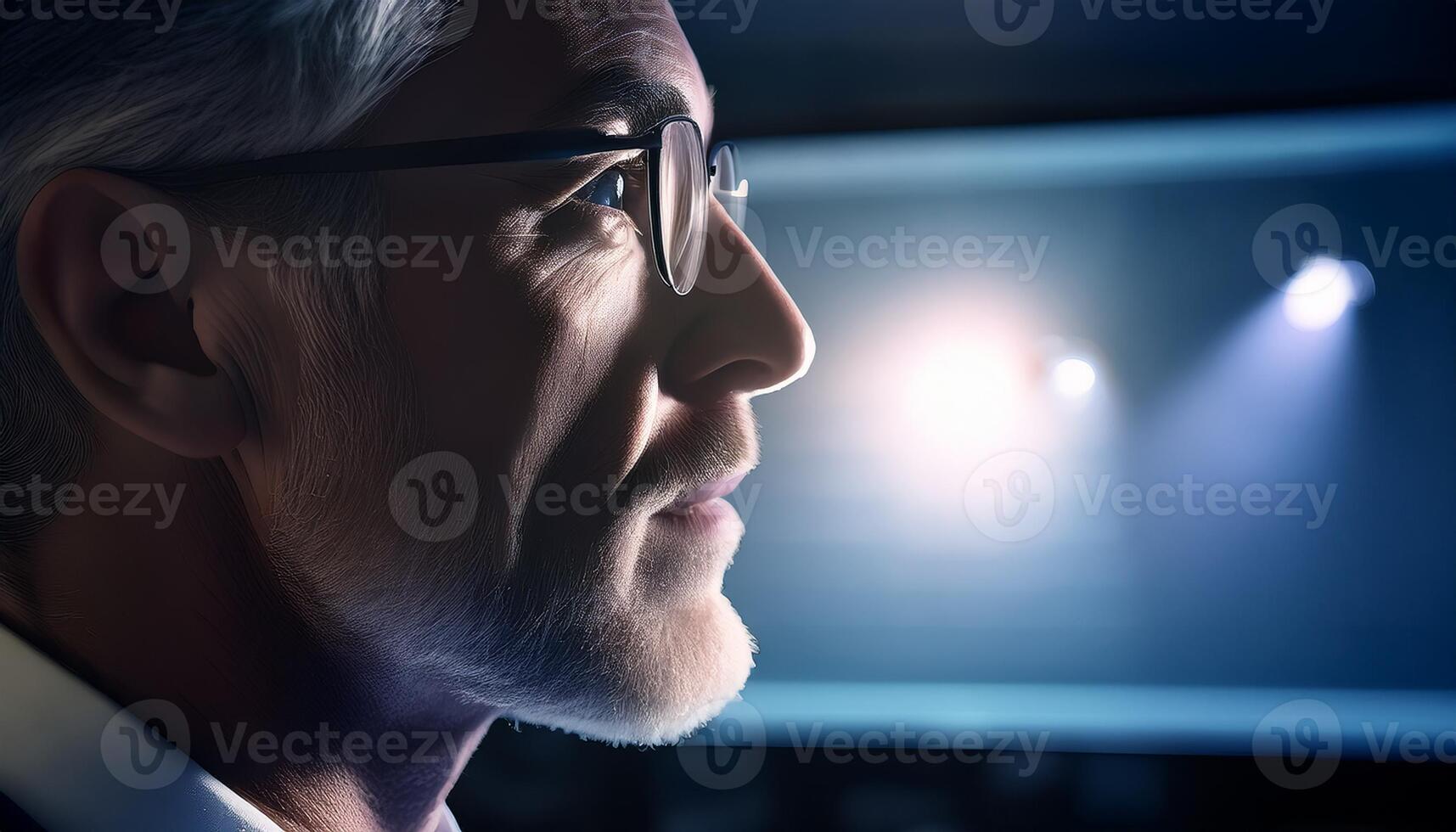 Close-up profile of a mature man with glasses, illuminated by soft lighting, conveying thoughtfulness and introspection. photo