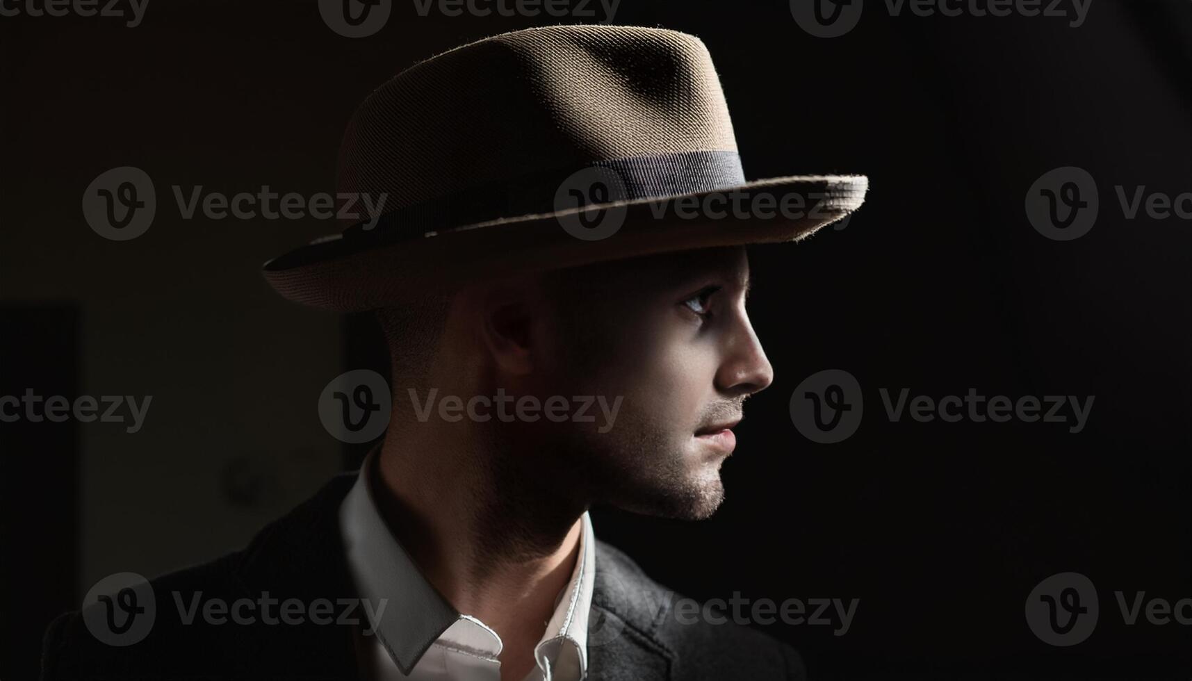Portrait of a young man wearing a fedora hat, looking sideways with dramatic lighting against a dark background, evoking mystery. photo