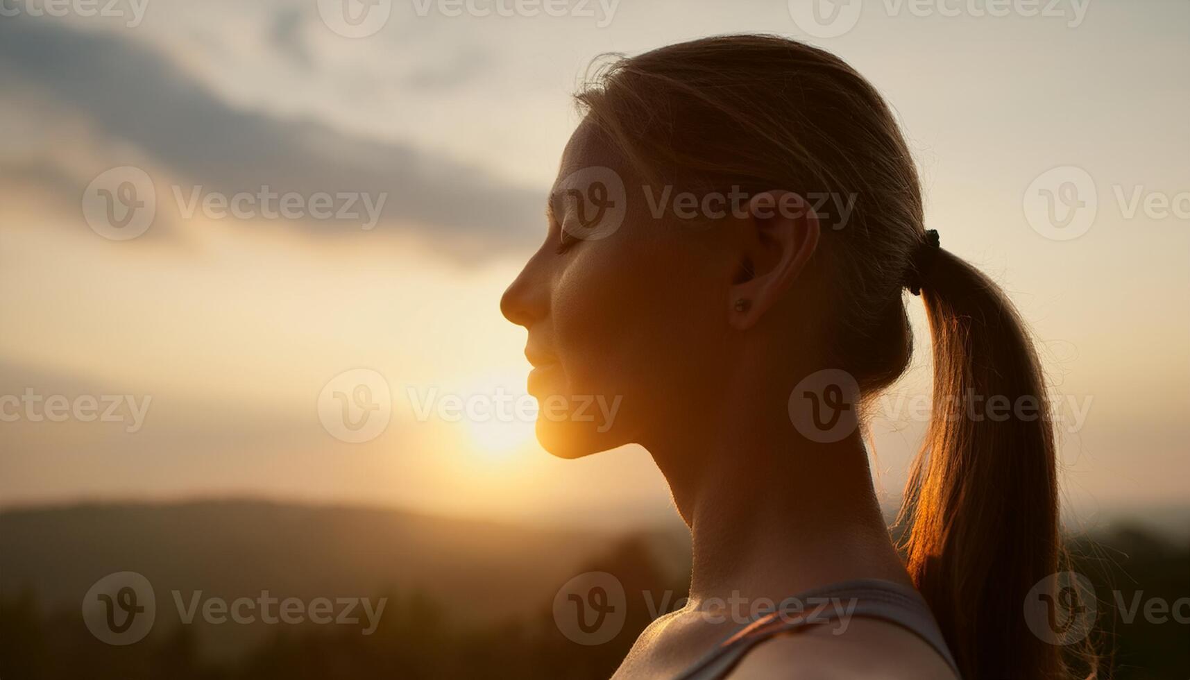 Side profile of a young woman with closed eyes, meditating during a serene sunset, embracing peace and mindfulness in nature. photo