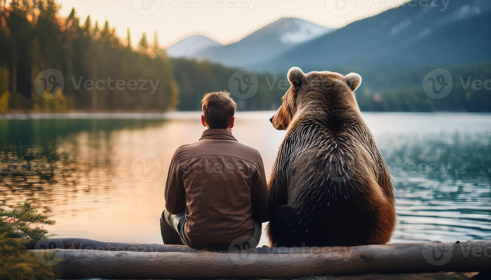 A man and a bear sit side by side on a log by a serene mountain lake, enjoying the peaceful natural surroundings together. photo