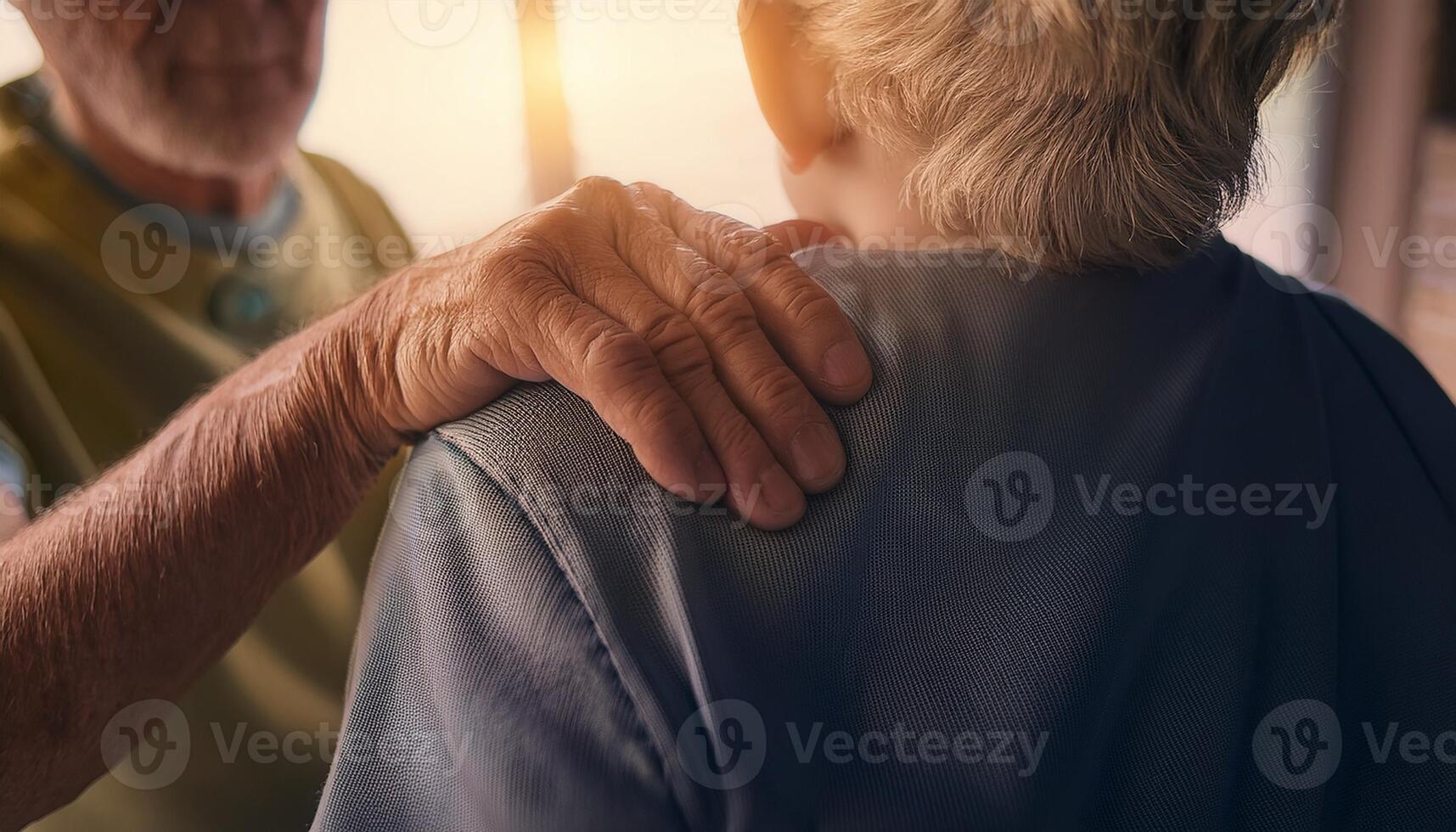 Close-up of an elderly hand gently resting on another person's shoulder, conveying support, care, and compassion in warm light. photo