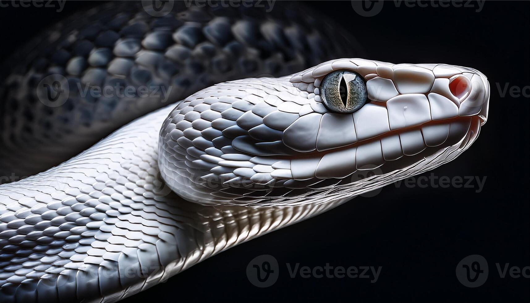 Close-up view of a white snake with a textured body and intense eye, showcasing its detailed scales in a dark setting. photo