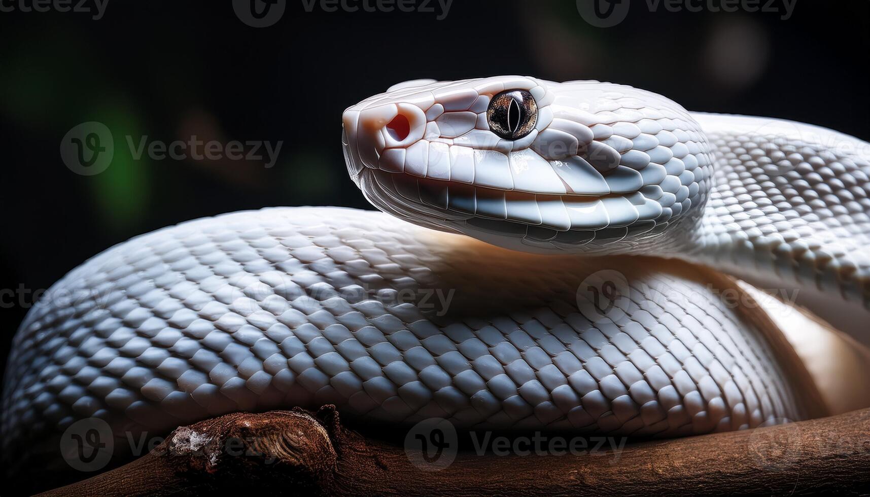 A white snake with detailed scales is coiled around a branch, highlighted against a dark, shadowy background, displaying a calm yet alert posture. photo