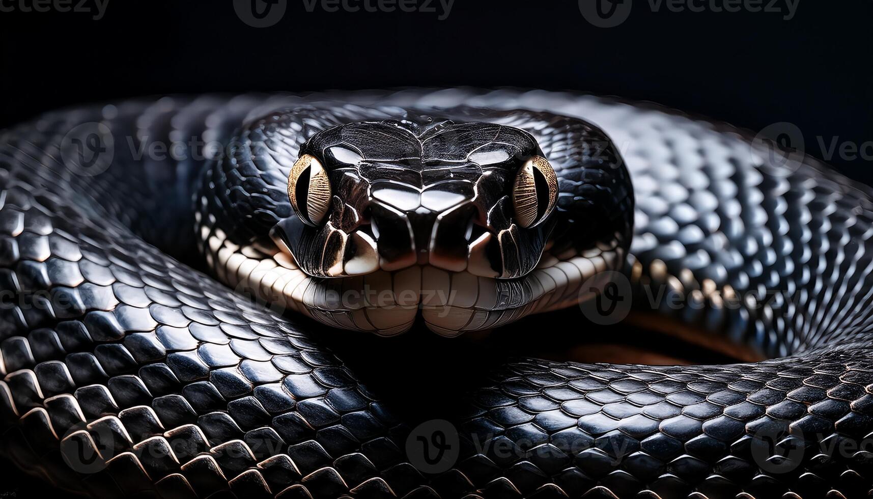 Macro photograph of a coiled black snake with an intense gaze, highlighting its glossy scales and piercing eyes against a dark background. photo
