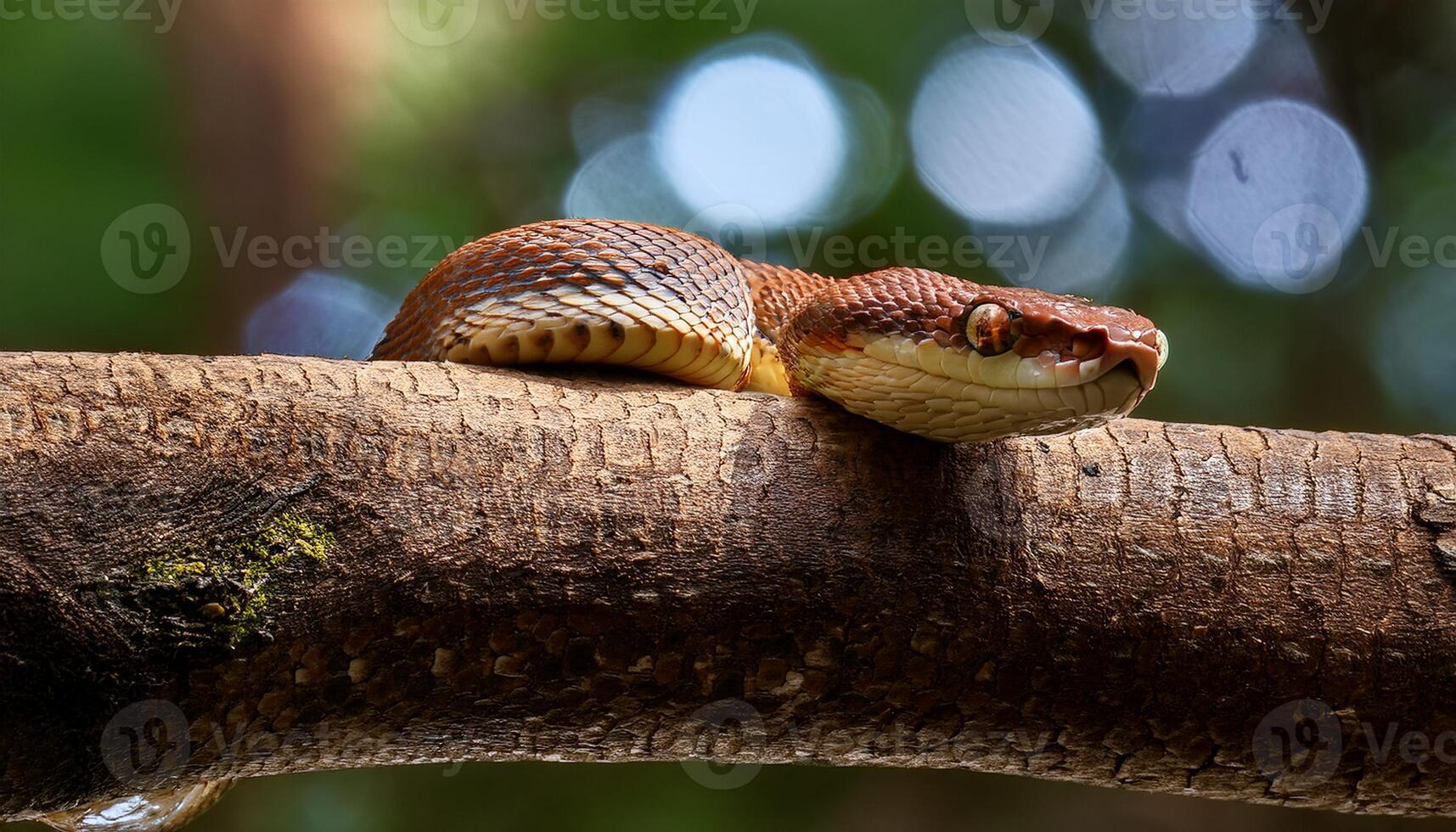 A brown snake resting on a tree branch, blending with its natural surroundings, set against a blurred forest background. photo