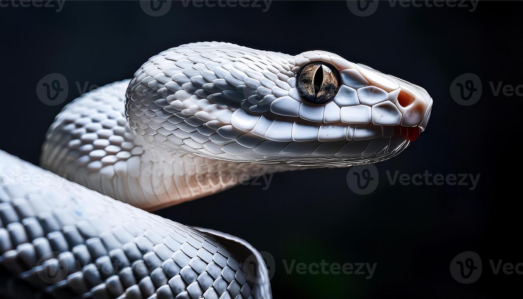 Detailed close-up of a white snake's head with textured scales and piercing eyes, set against a dark, moody background. photo