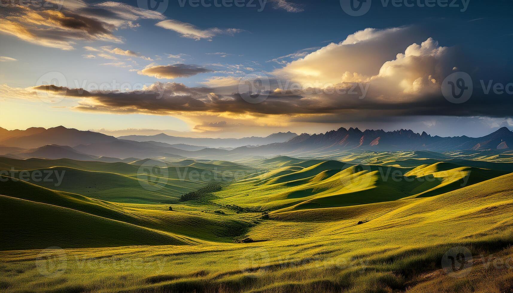 Sweeping view of rolling green hills under a dramatic sky with sunset light casting shadows and highlights across the landscape. photo
