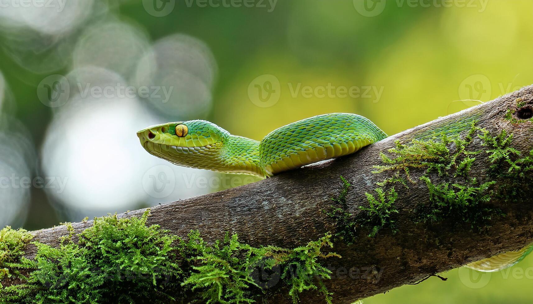 A vibrant green snake with piercing eyes lying on a moss-covered branch in a lush, blurred forest background. photo