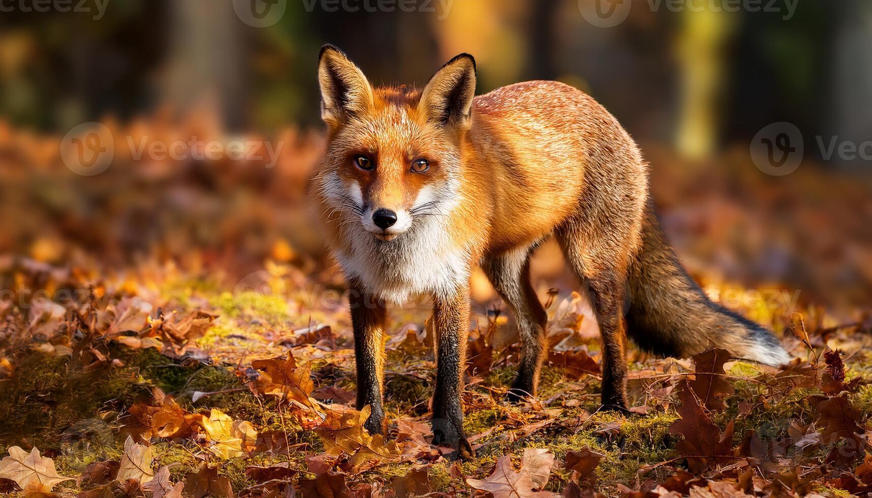 A red fox standing alert amidst fallen autumn leaves in a sunlit forest, showcasing its vibrant fur and keen gaze. photo