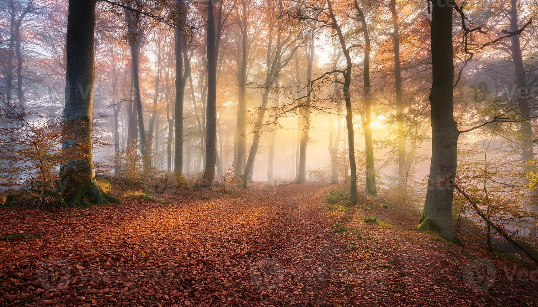 Beautiful autumn forest scene with mist and sunlight filtering through the trees, casting warm hues and creating a serene atmosphere. photo