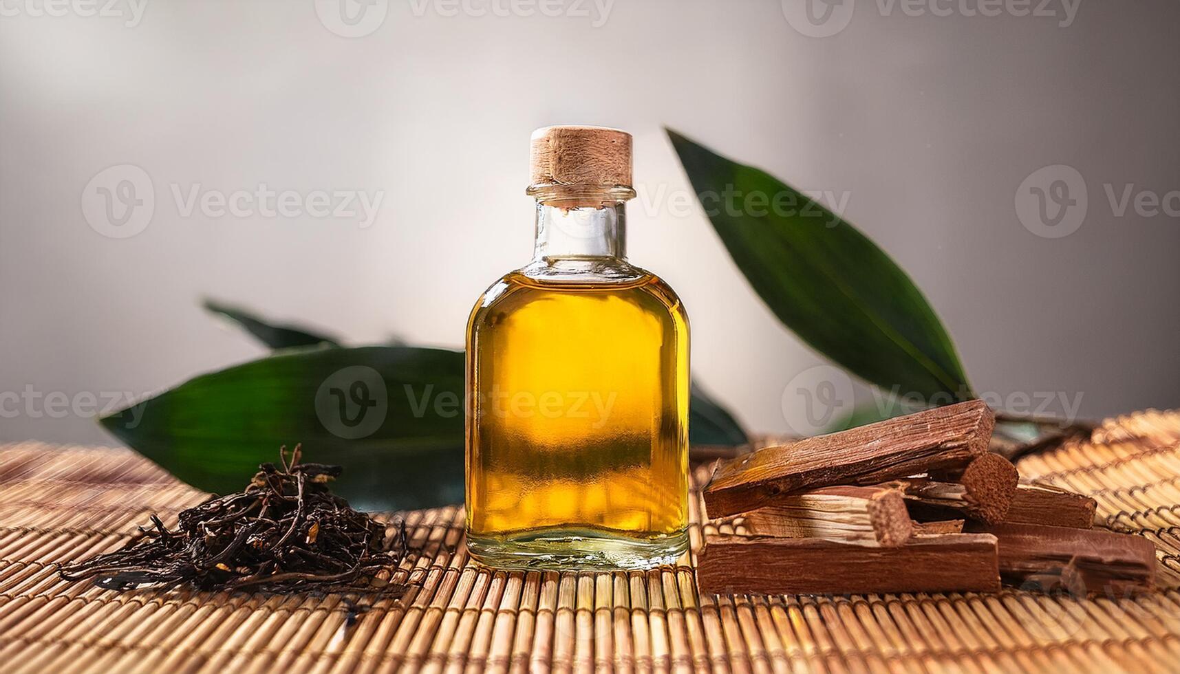 A bottle of golden essential oil with dried herbs and wooden sticks on a bamboo mat, accented by green leaves in the background. photo