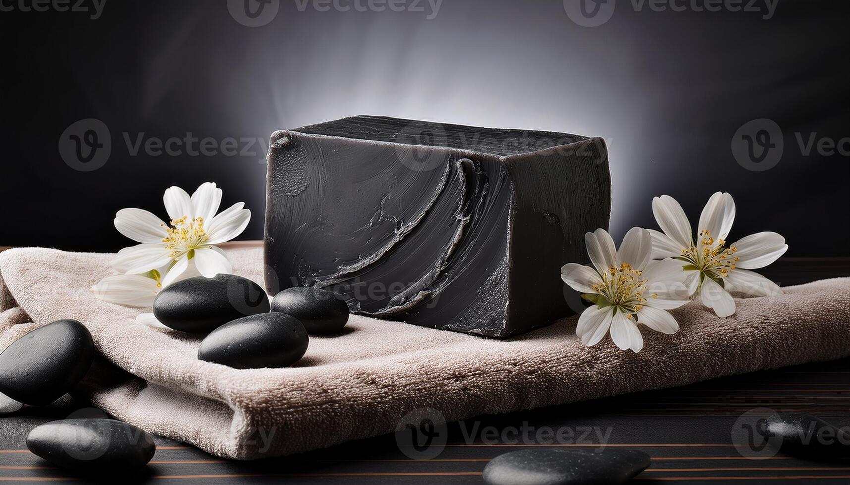 A dark charcoal soap bar on a beige towel, surrounded by white flowers and black spa stones, creating a relaxing atmosphere. photo