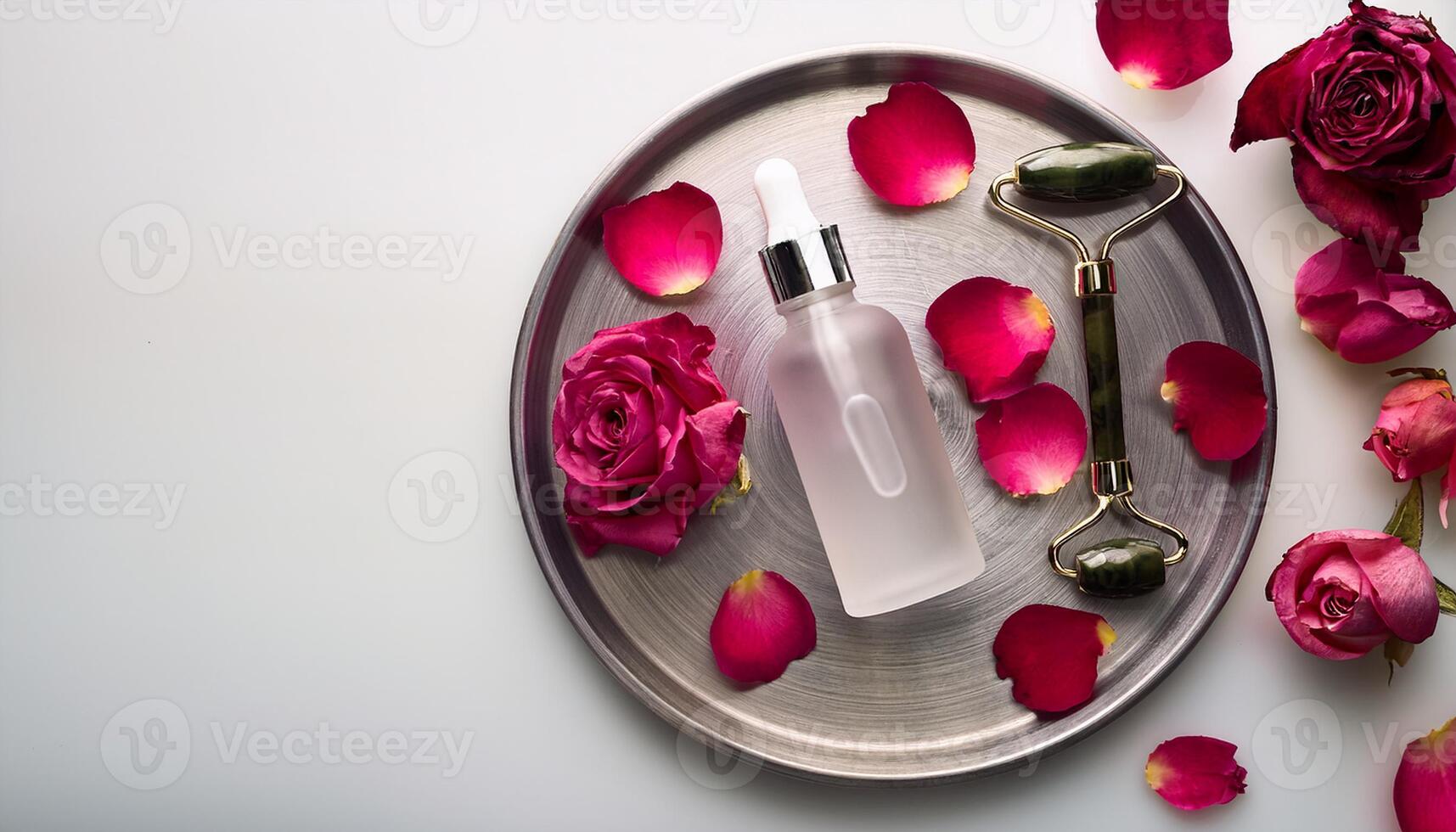 A skincare serum bottle placed on a metal tray surrounded by rose petals and a jade facial roller, symbolizing luxury and wellness. photo