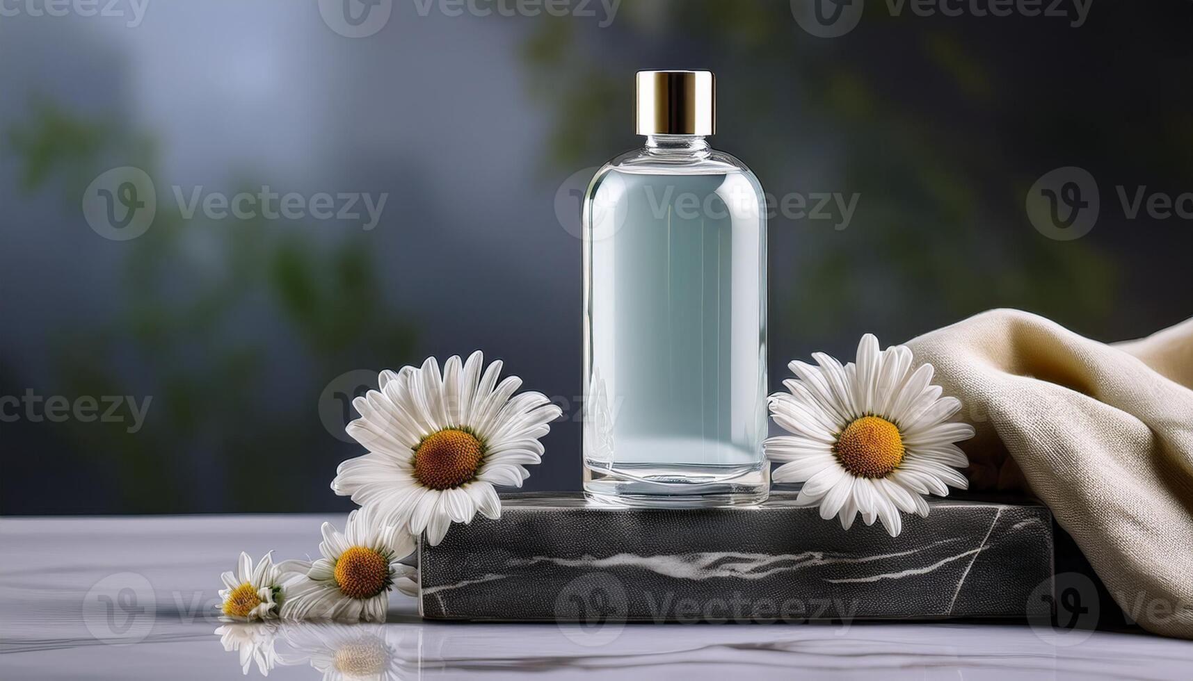 Glass perfume bottle placed on a marble surface, surrounded by fresh white daisies, with a soft beige fabric background. photo