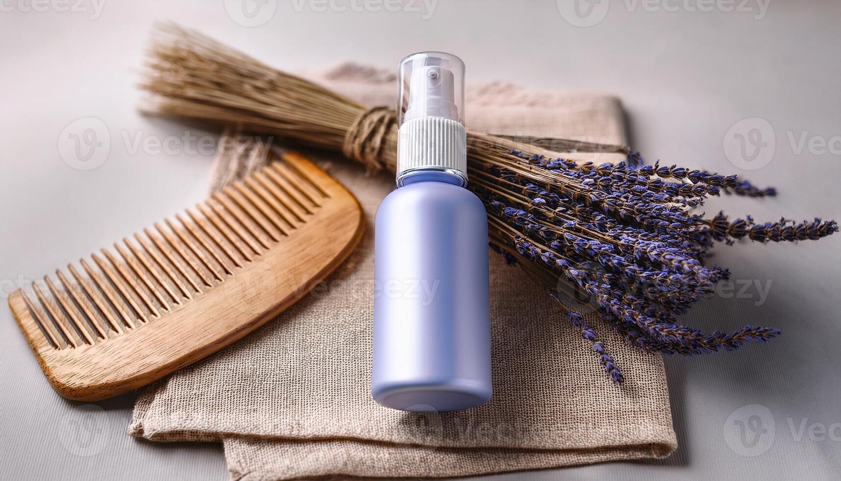 A blue spray bottle of lavender hair mist, accompanied by a wooden comb and dried lavender bunch, resting on a linen cloth. photo