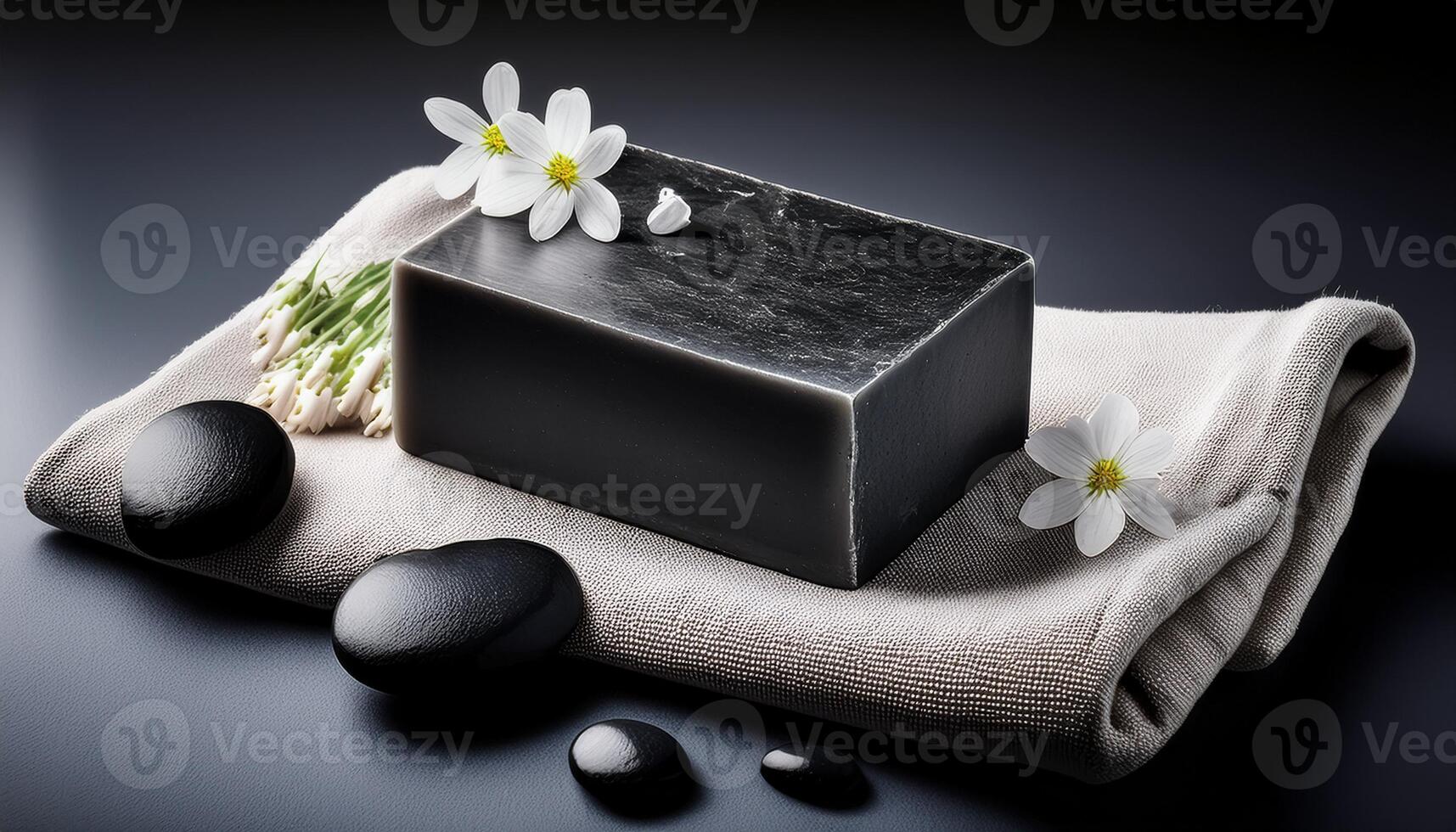 A black charcoal soap bar resting on a towel, accompanied by white flowers and spa stones, creating a tranquil spa atmosphere. photo