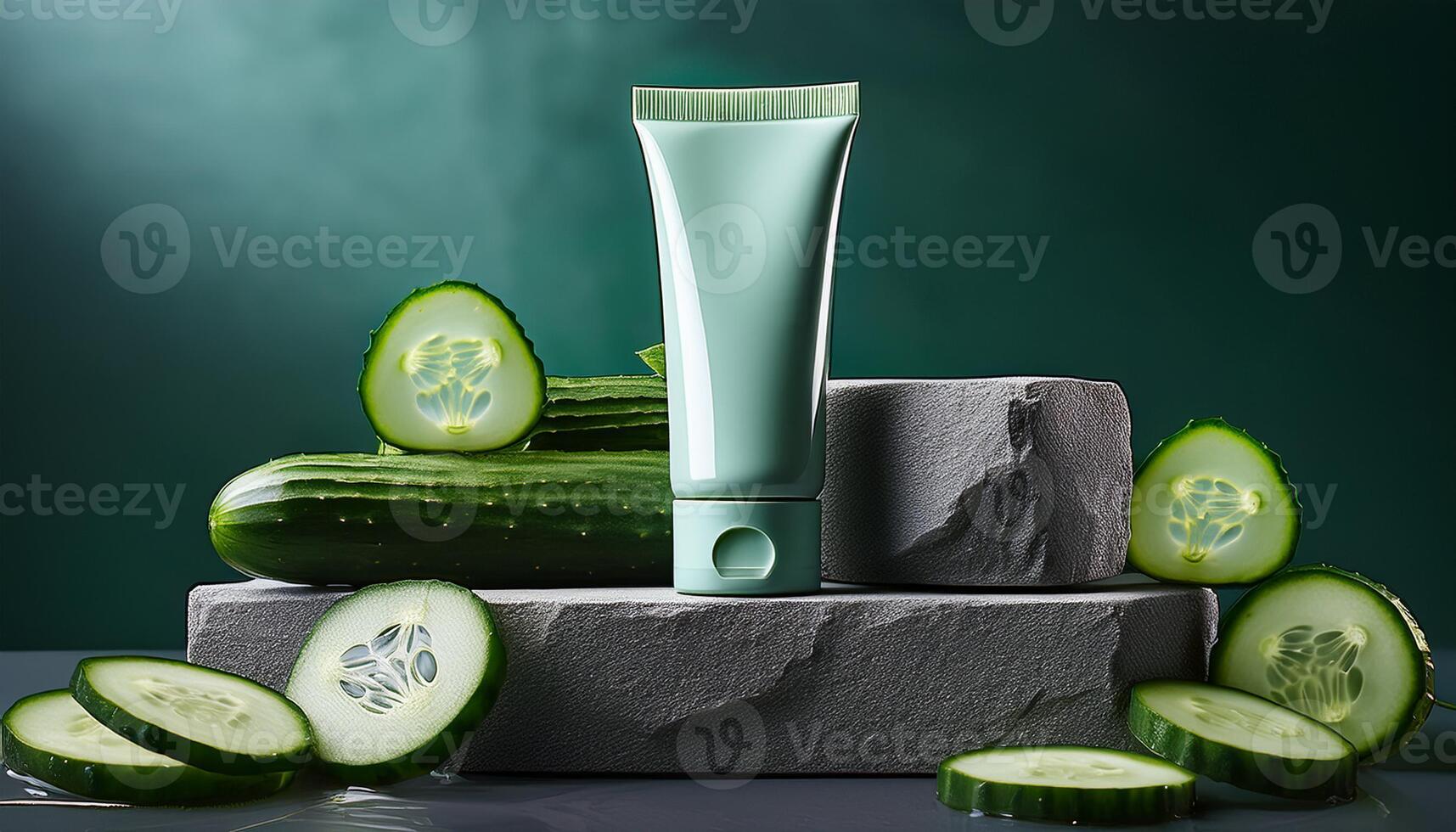 A cucumber-infused face mask tube surrounded by fresh cucumber slices on a stone pedestal, promoting natural skincare and hydration. photo
