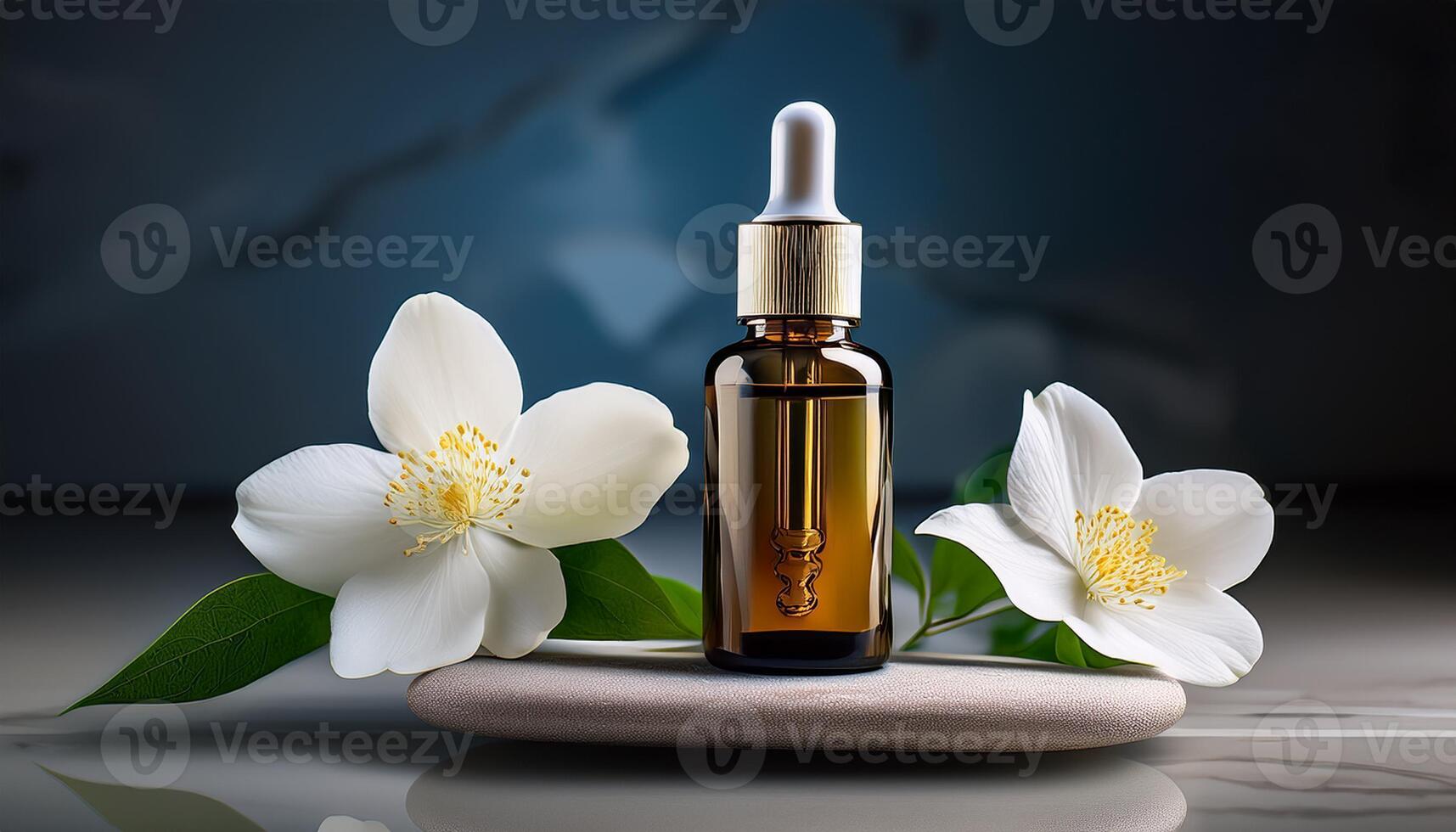 Amber glass dropper bottle of essential oil placed beside two fresh jasmine flowers on a smooth stone, against a dark background. photo
