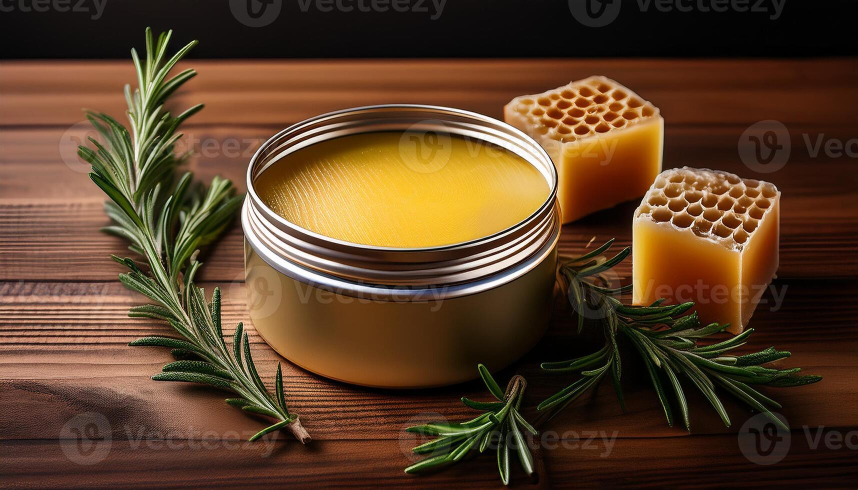 A tin of beeswax balm placed on a wooden surface, surrounded by fresh rosemary sprigs and honeycomb pieces, warm lighting. photo