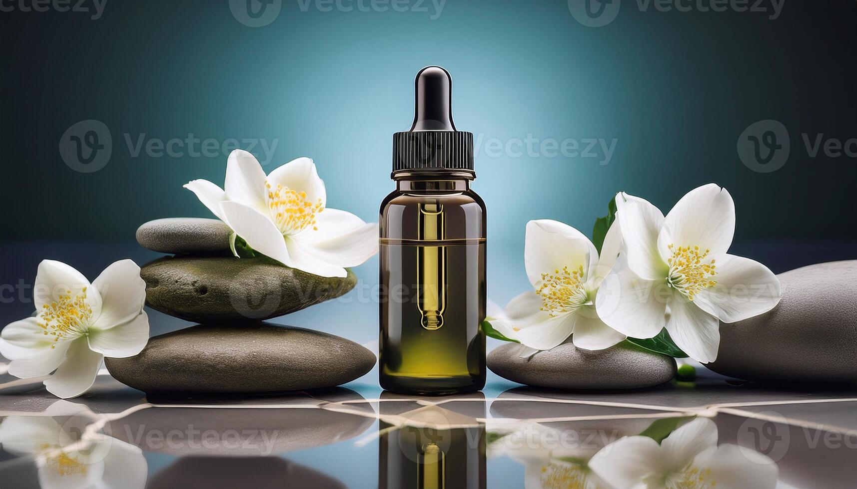 A glass dropper bottle of aromatherapy oil surrounded by stacked smooth stones and white flowers on a reflective surface with a blue gradient background. photo