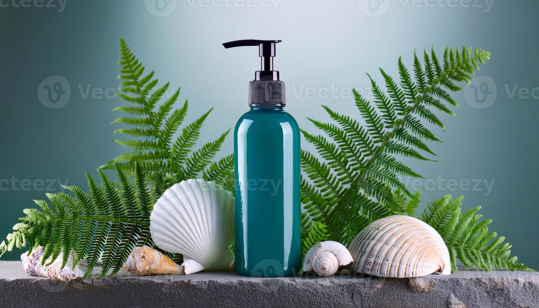 A teal skincare bottle displayed with lush green ferns and seashells, evoking a fresh and natural coastal theme. photo