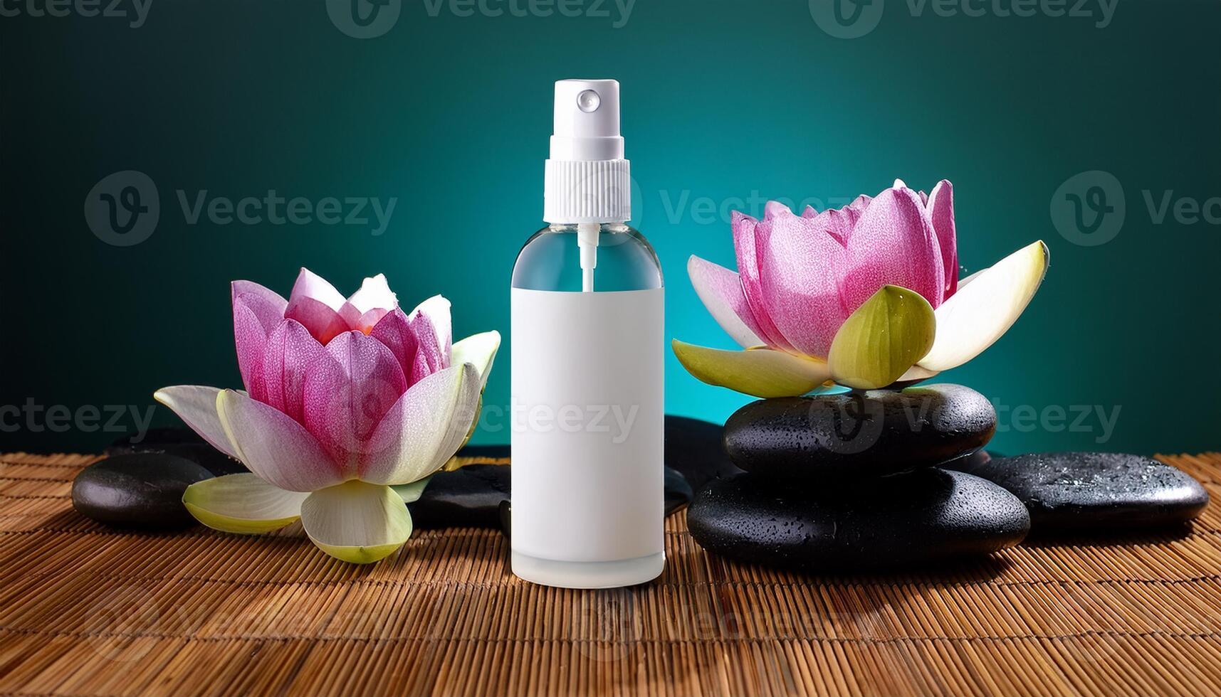 White spray bottle with pink lotus flowers and black massage stones on a bamboo mat, creating a calming, spa-like ambiance. photo