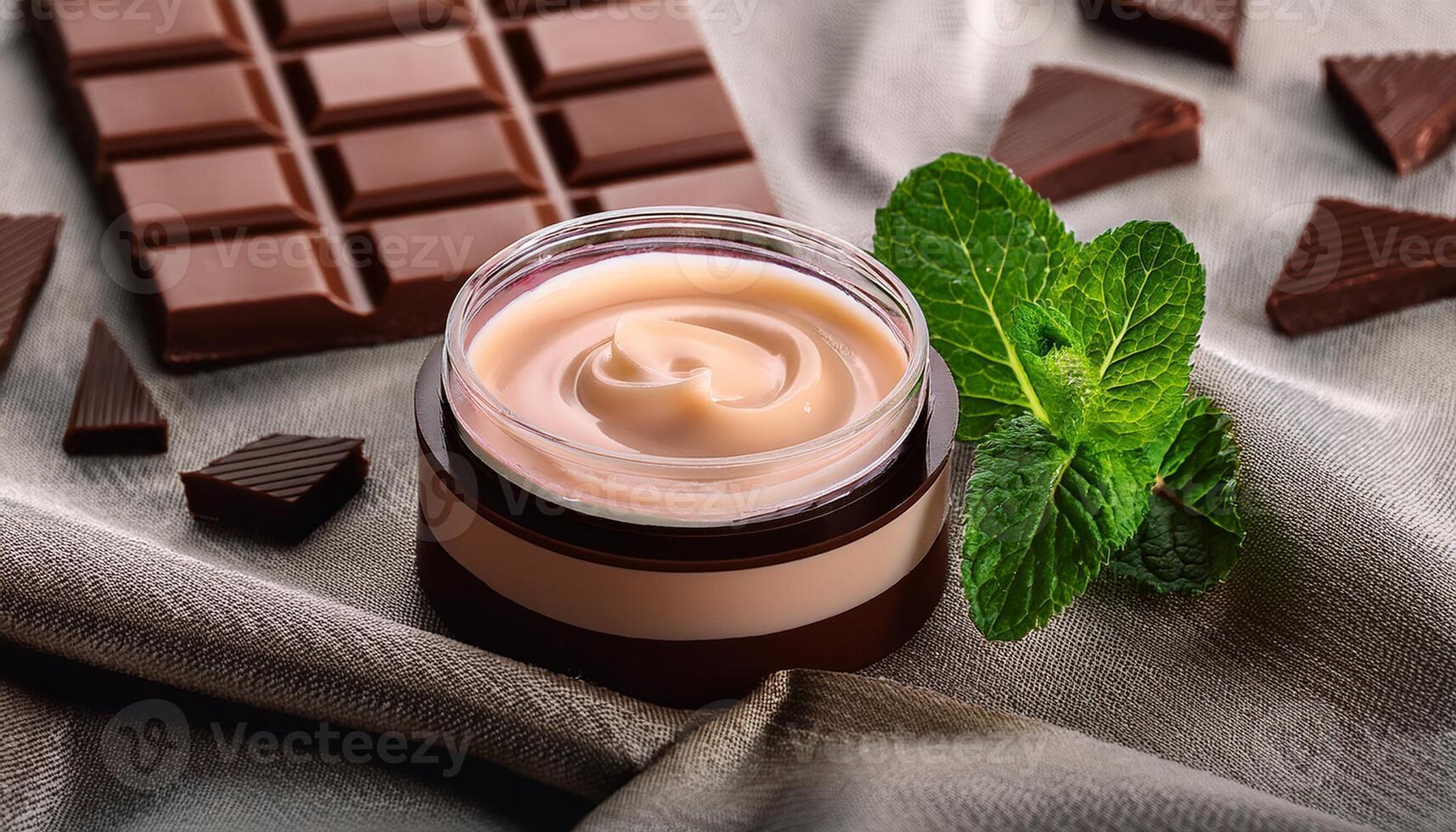 A jar of creamy chocolate mint skincare surrounded by pieces of dark chocolate and fresh mint leaves on a soft fabric. photo