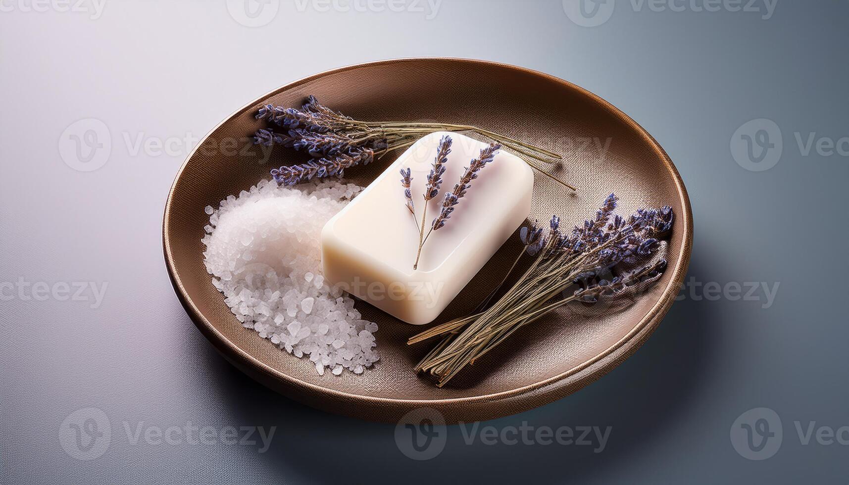 A handcrafted lavender soap bar adorned with lavender sprigs, placed on a plate with sea salt crystals, promoting natural skincare. photo