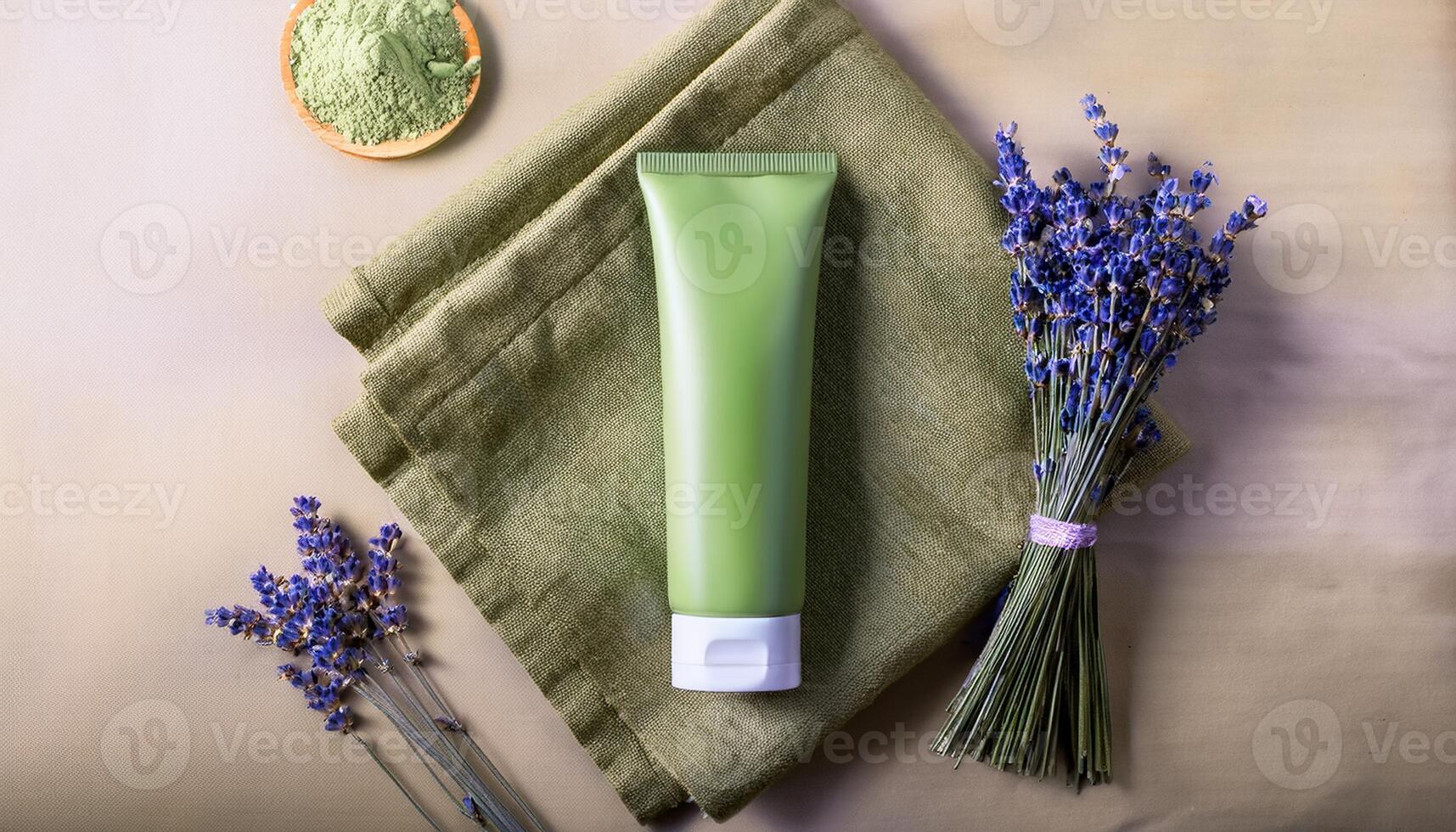 A green skincare tube on a linen cloth, accompanied by dried lavender sprigs and a small bowl of matcha powder, creating a natural aesthetic. photo
