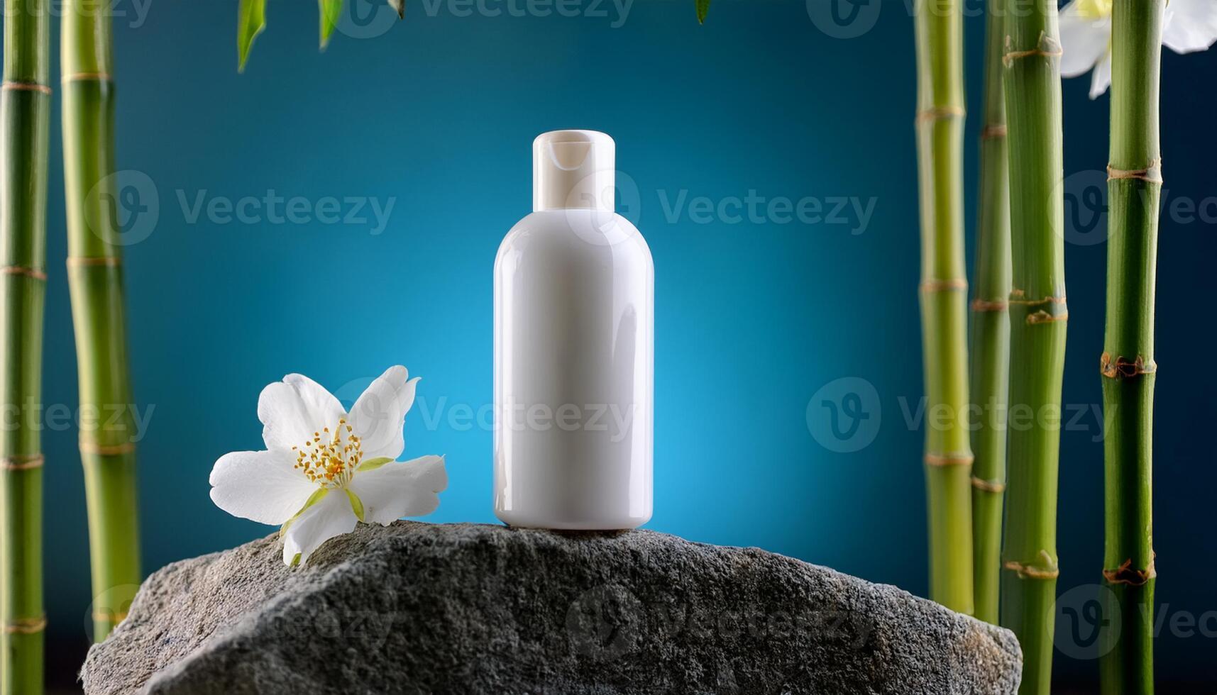 White skincare bottle on a rock surrounded by bamboo stems and a white flower, evoking a natural and tranquil spa setting. photo