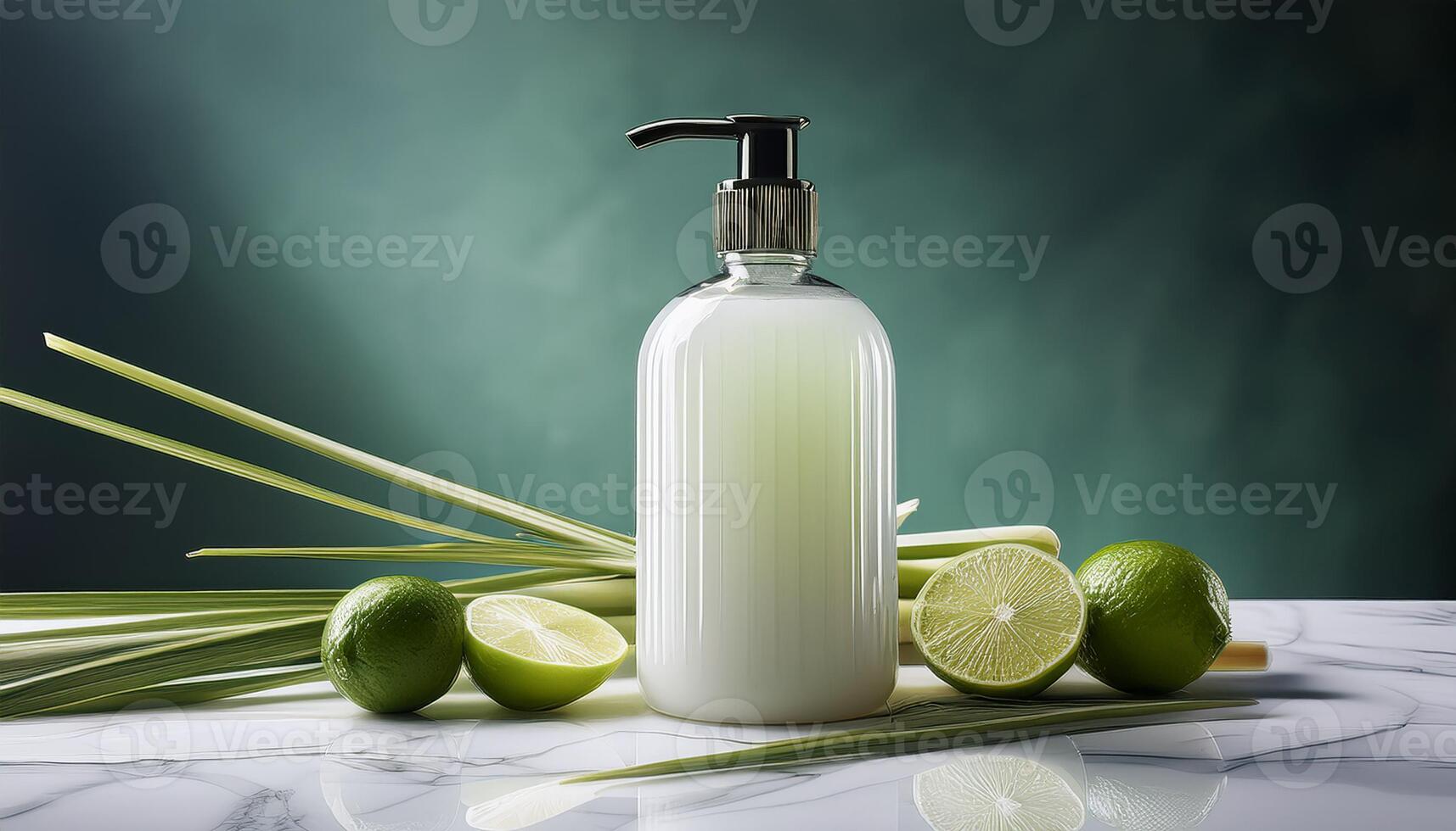 Liquid soap in a dispenser bottle surrounded by fresh lemongrass and limes, evoking a sense of natural freshness. photo