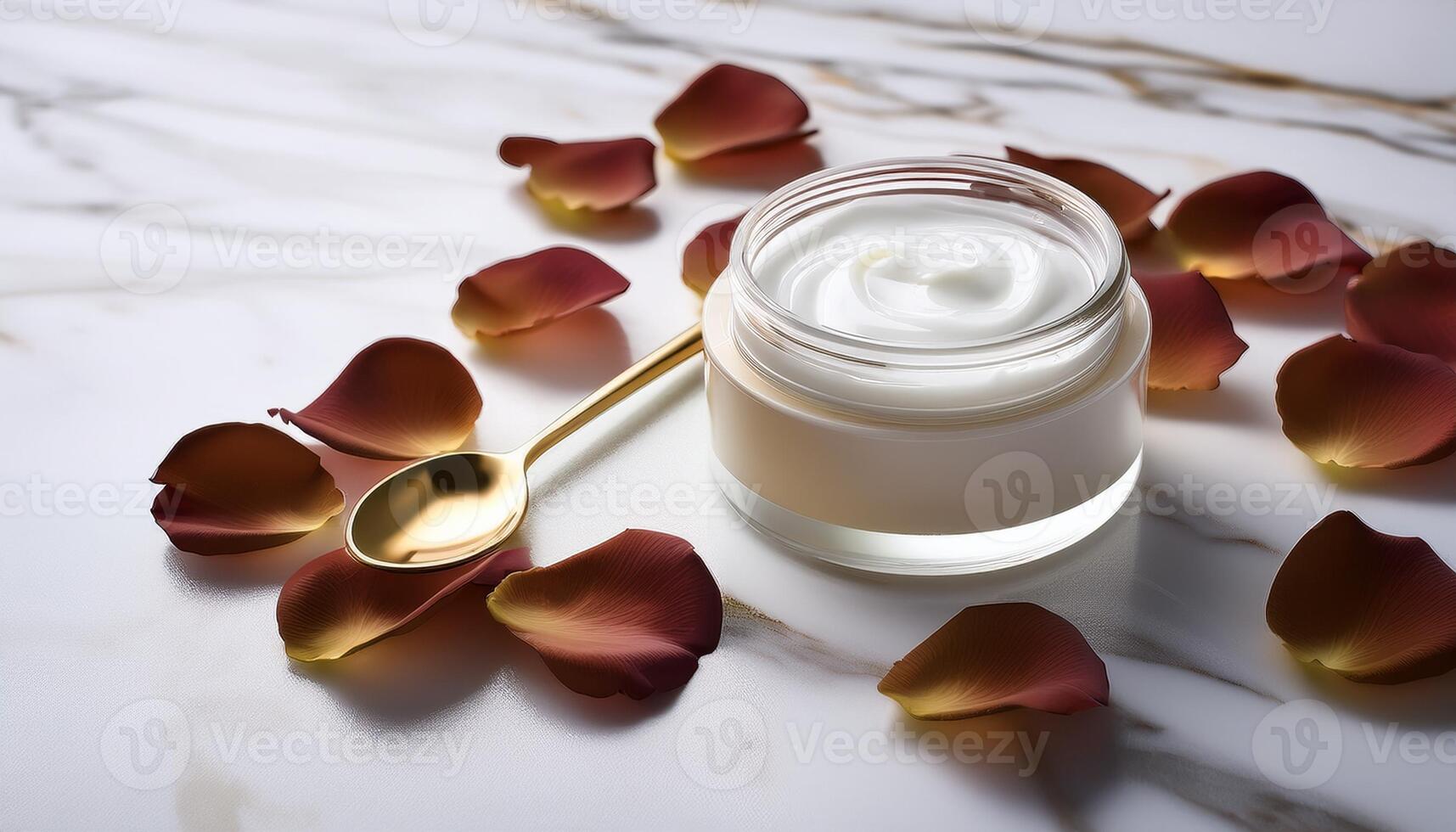 A jar of luxurious face cream surrounded by rose petals and a gold spoon on a marble surface, embodying elegance and skincare. photo