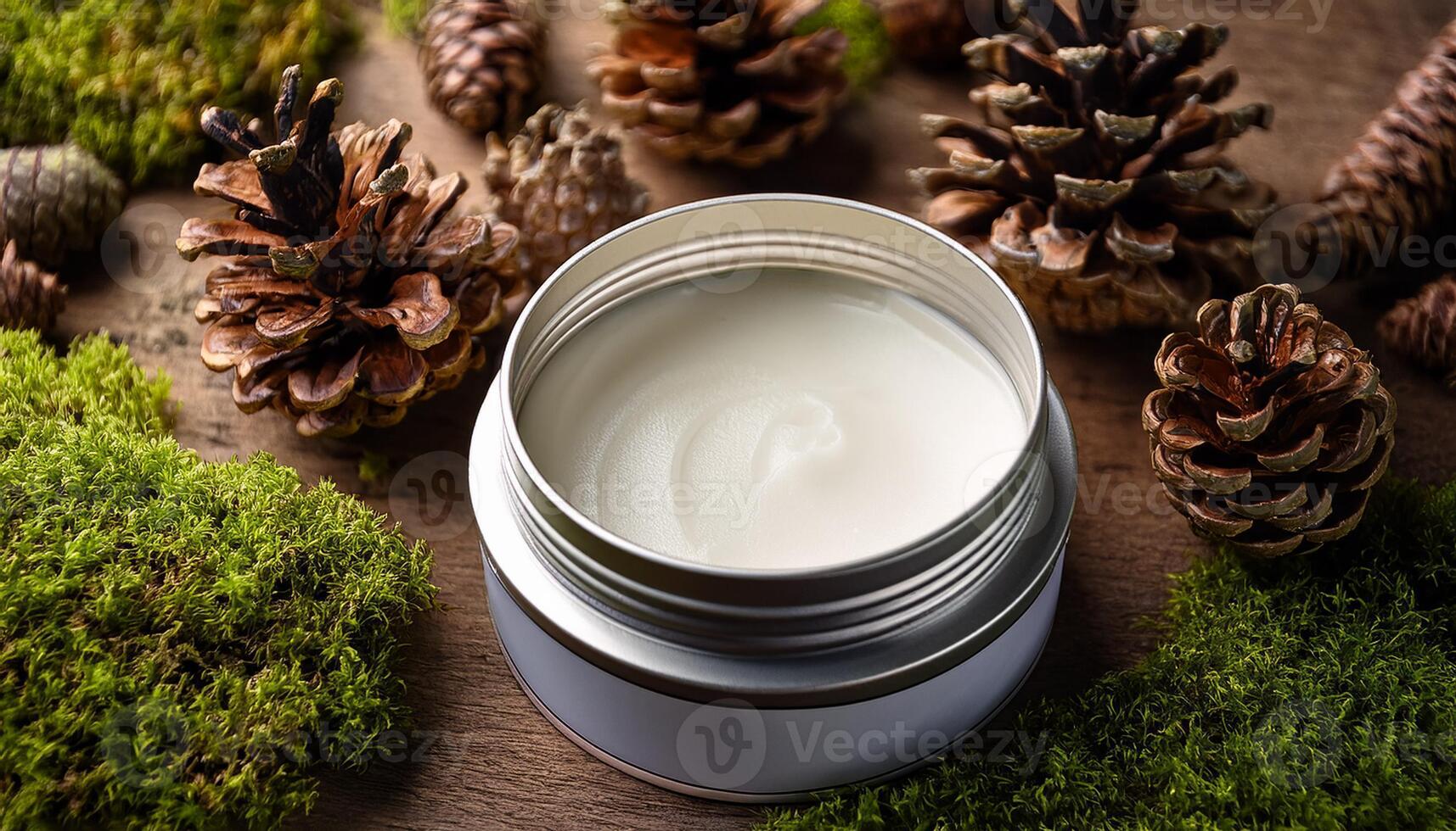 A tin of pine-scented balm surrounded by natural pinecones and green moss, emphasizing earthy skincare with forest-inspired ingredients. photo