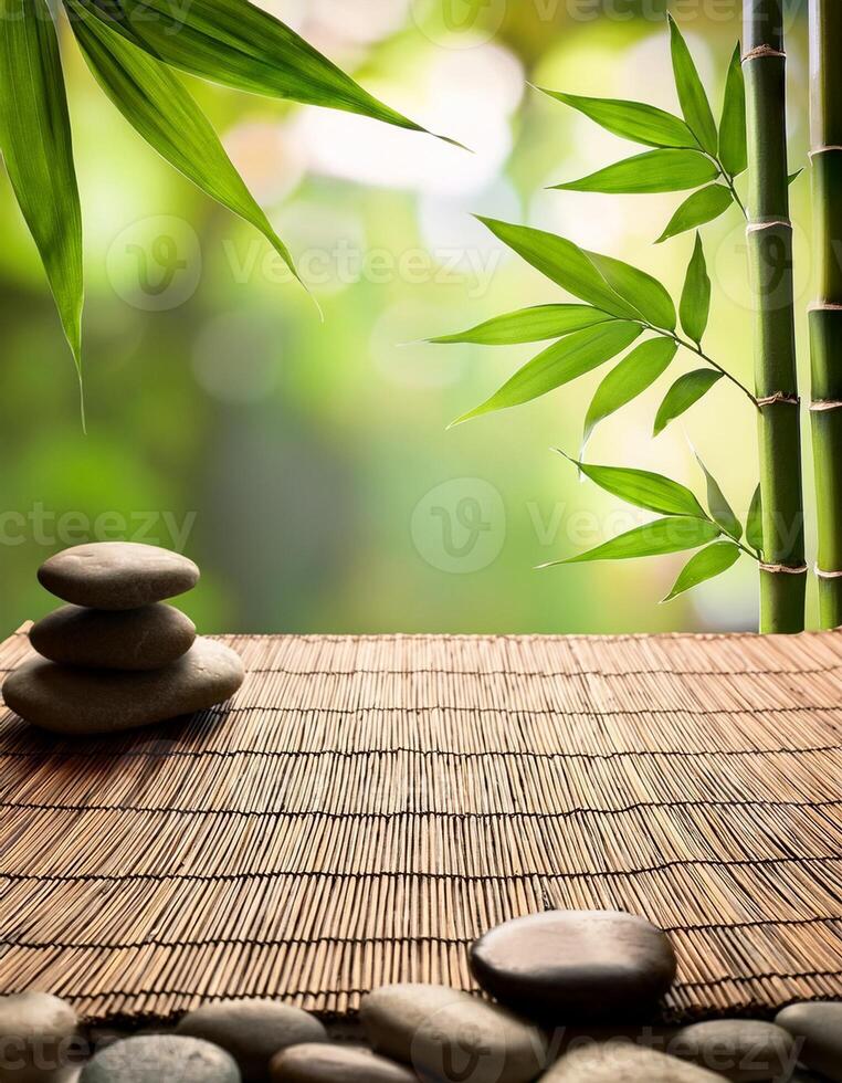 Zen-inspired setup with bamboo stalks, smooth stones, and a woven mat, creating a peaceful and natural environment for relaxation. photo