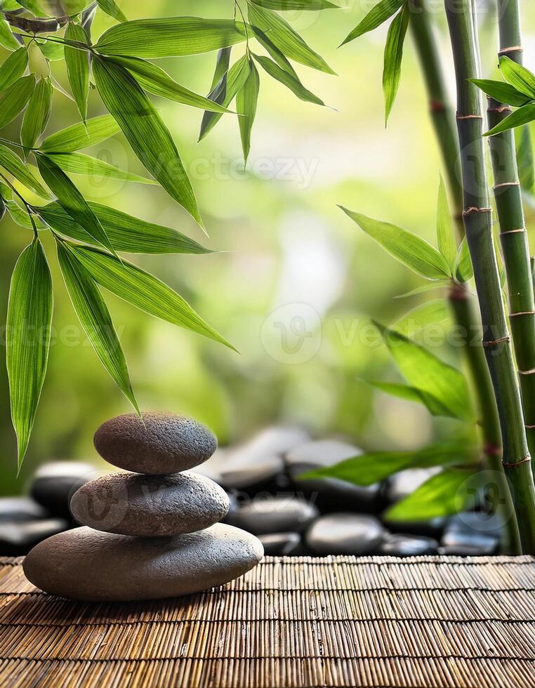 A stack of smooth stones on a bamboo mat surrounded by lush green bamboo leaves, evoking a serene and meditative atmosphere. photo