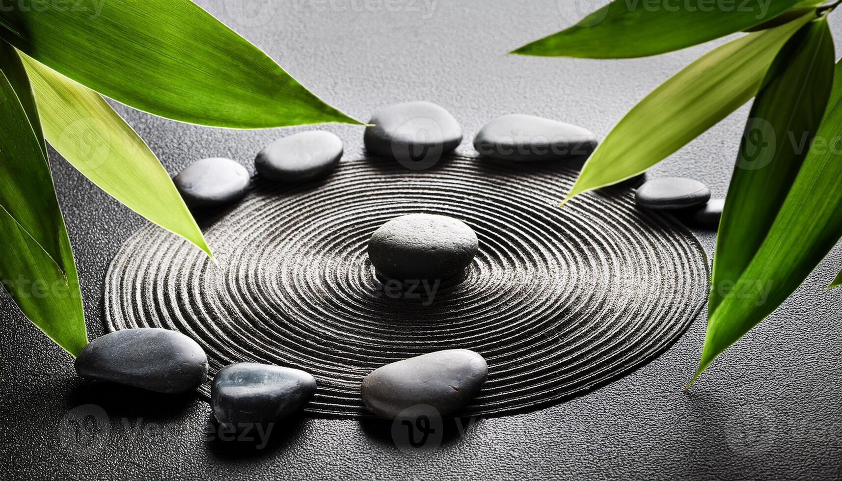 An arrangement of black stones in a circular pattern with green bamboo leaves, evoking harmony, meditation, and calmness. photo