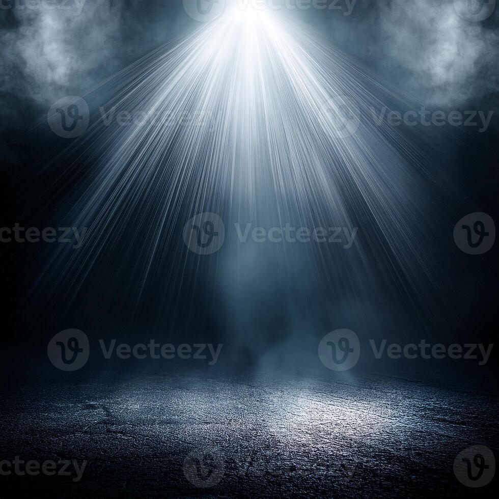 Intense spotlight beams shining down in a dark, foggy environment, creating a moody and mysterious atmosphere. photo