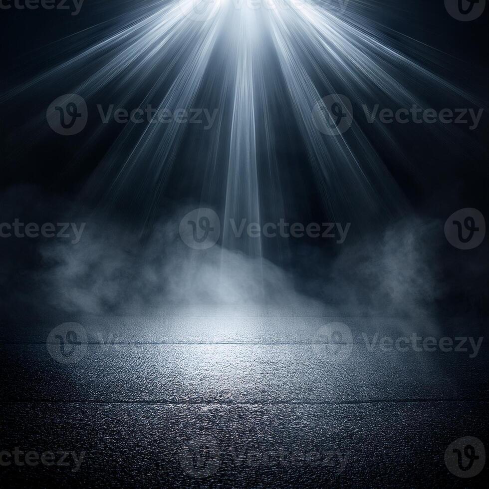 A powerful beam of light cuts through a dark, misty environment, creating a mysterious and dramatic ambiance with textured ground. photo