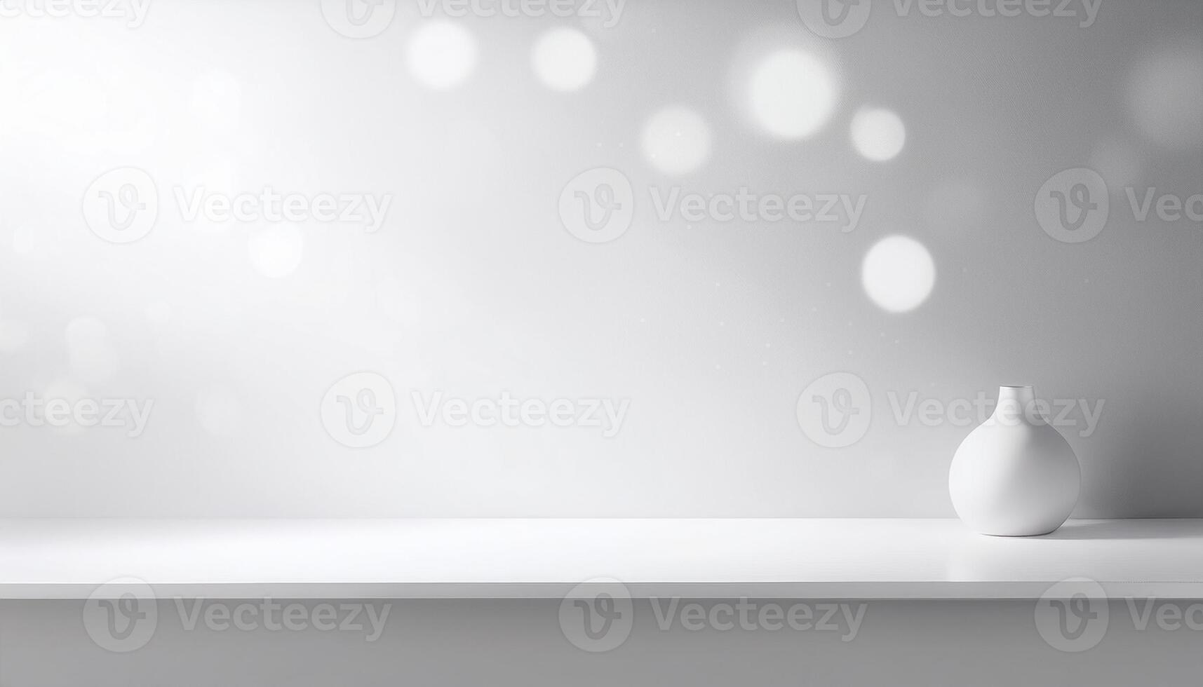 Simple white vase on a minimal shelf against a light gray background with soft bokeh circles, creating a serene atmosphere. photo