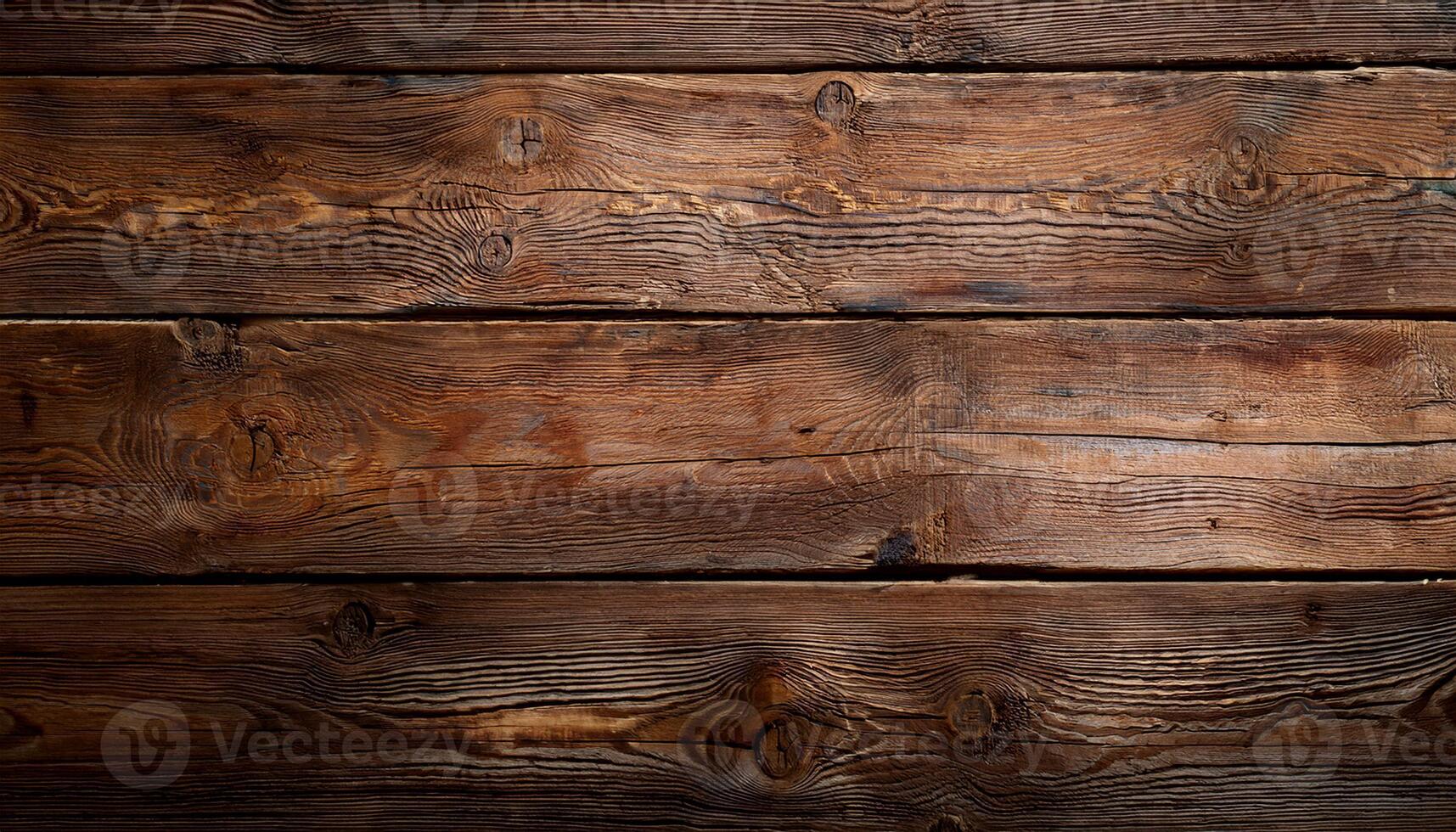 Close-up view of rustic wooden planks with a rich, dark brown texture, showcasing natural wood grain and weathered details. photo