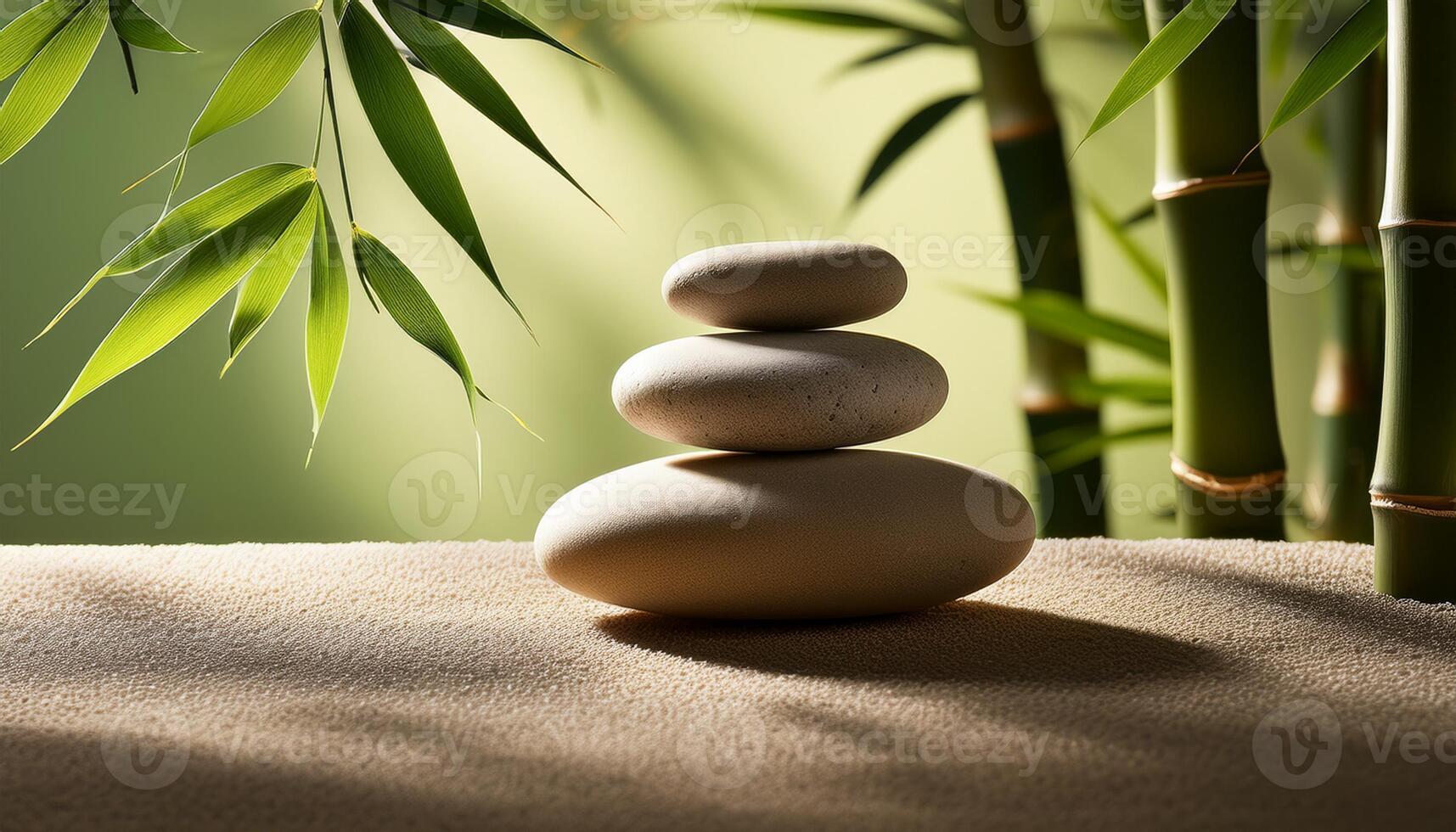 Stacked zen stones with green bamboo leaves create a serene and peaceful atmosphere, perfect for meditation or relaxation. photo