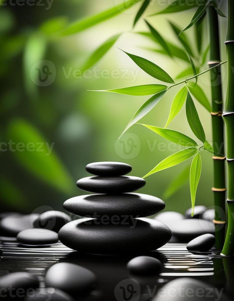 Zen arrangement of smooth black stones stacked in water, surrounded by bamboo leaves, creating a serene and meditative ambiance. photo
