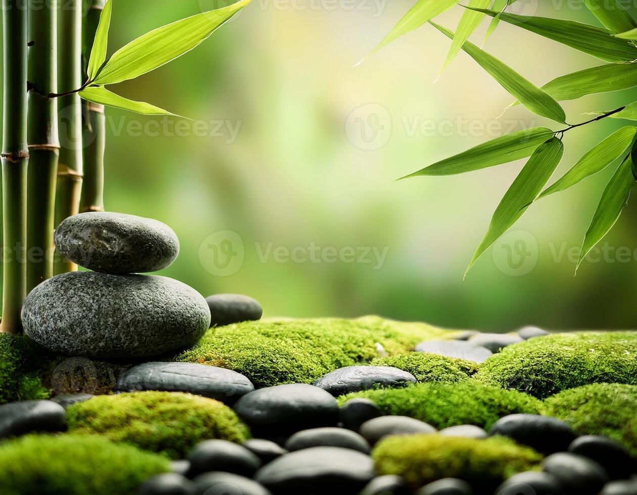 A tranquil zen garden setting featuring smooth black pebbles, green moss, and bamboo leaves, evoking peace and mindfulness. photo